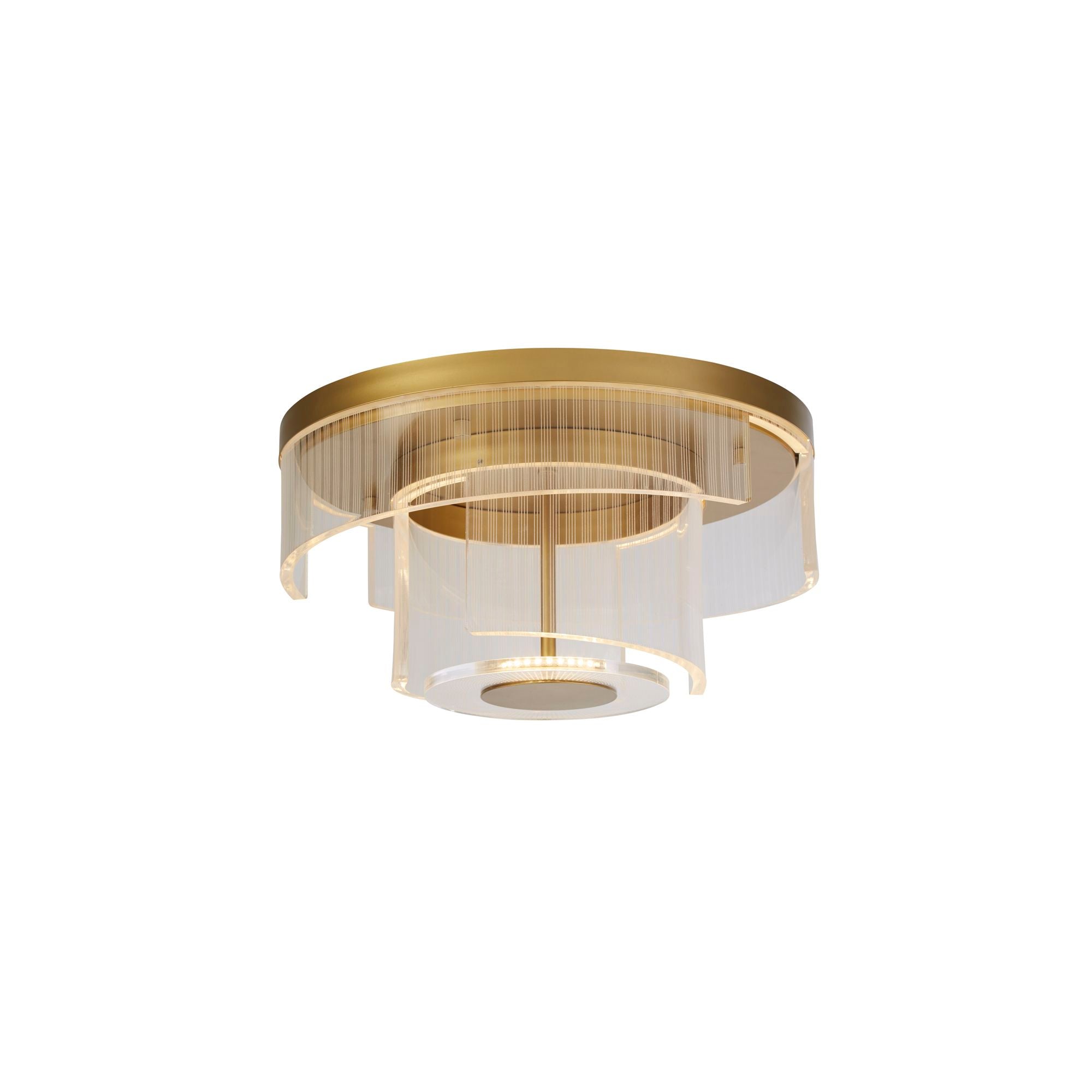 Searchlight Deco LED flush ceiling light in gold, angled studio shot showing tiered swirling clear acrylic rings