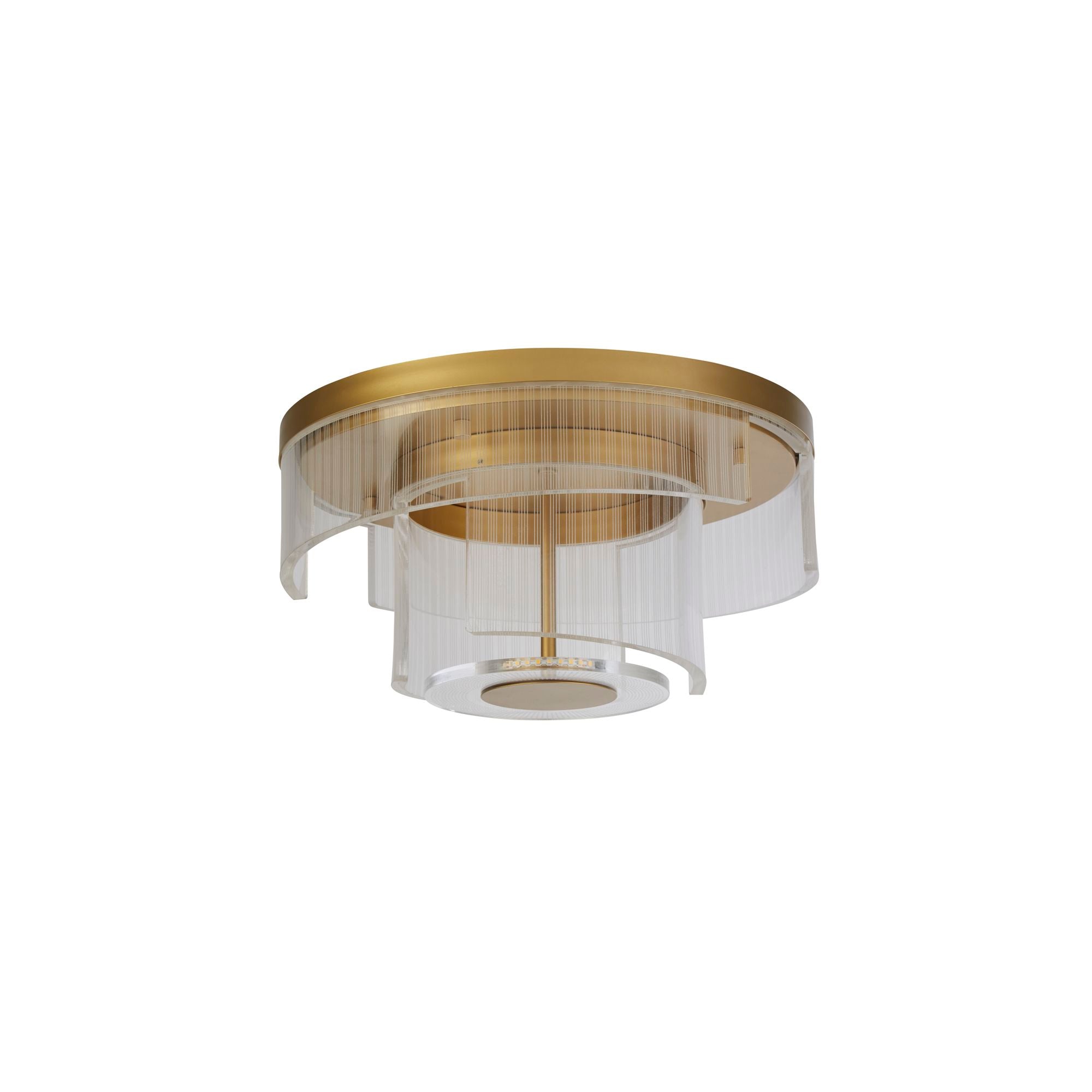 Searchlight Deco LED flush ceiling light in gold, front on studio shot of the layered acrylic and gold frame lit up