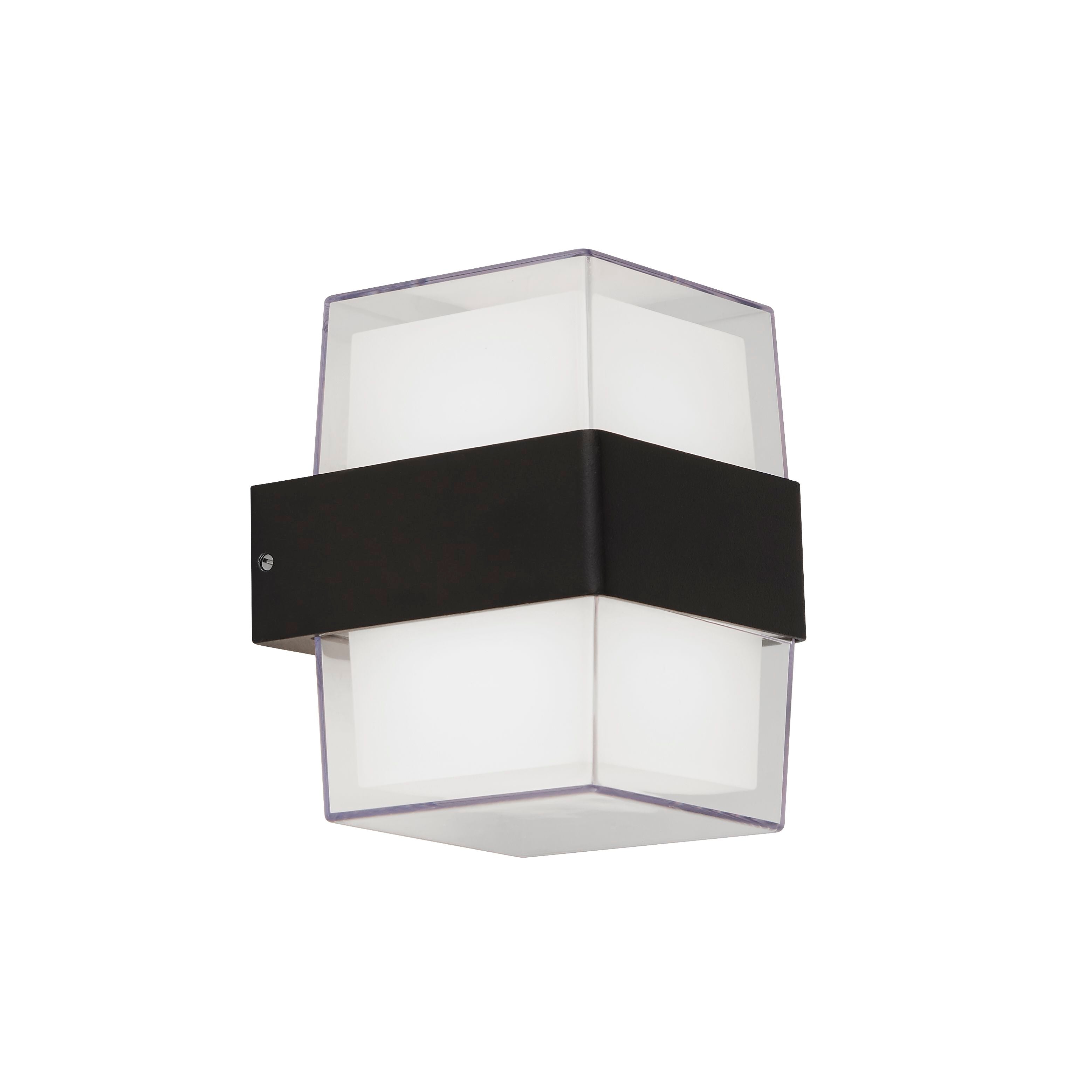 Searchlight Pittsburgh square outdoor wall light in black and opal, alternate studio angle showing the lit opal panels above and below the black band