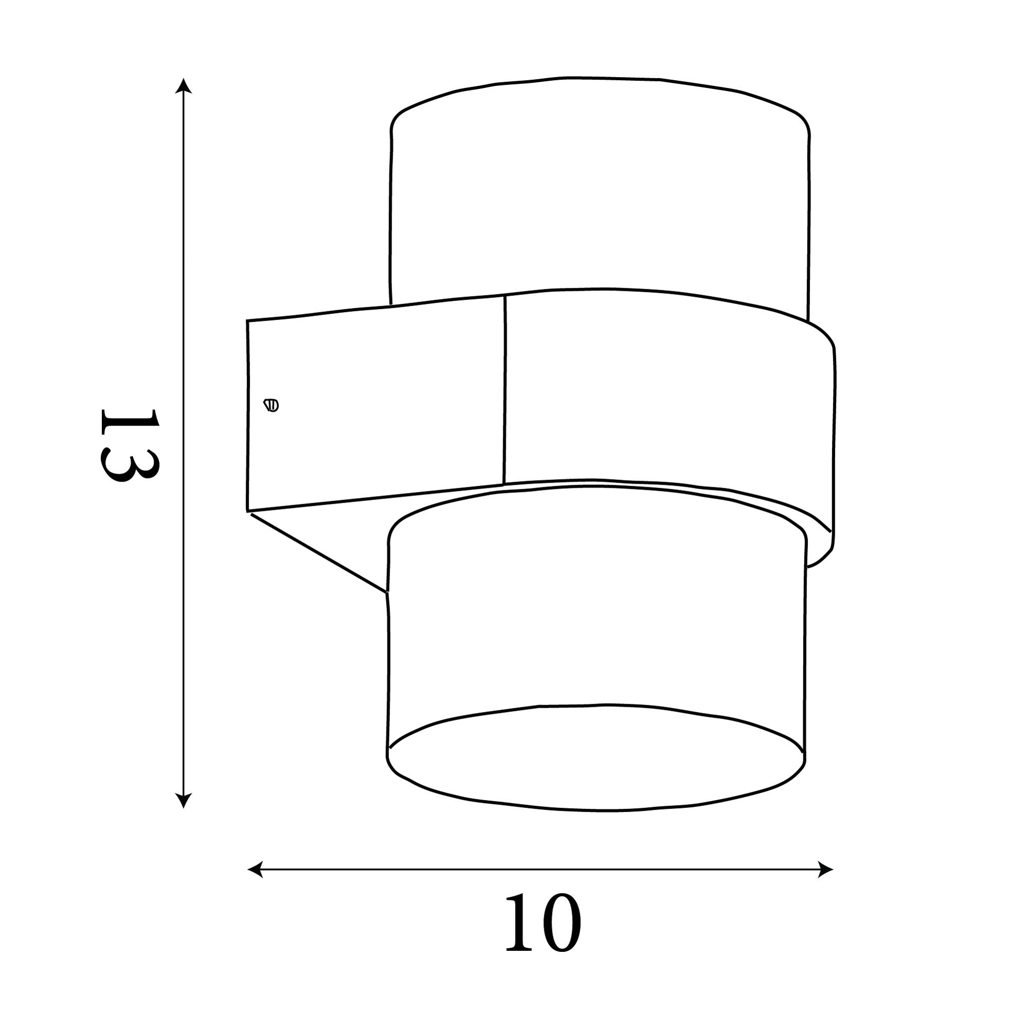 Technical line drawing of the Searchlight Pittsburgh round outdoor wall light showing dimensions of 13cm high by 10cm wide