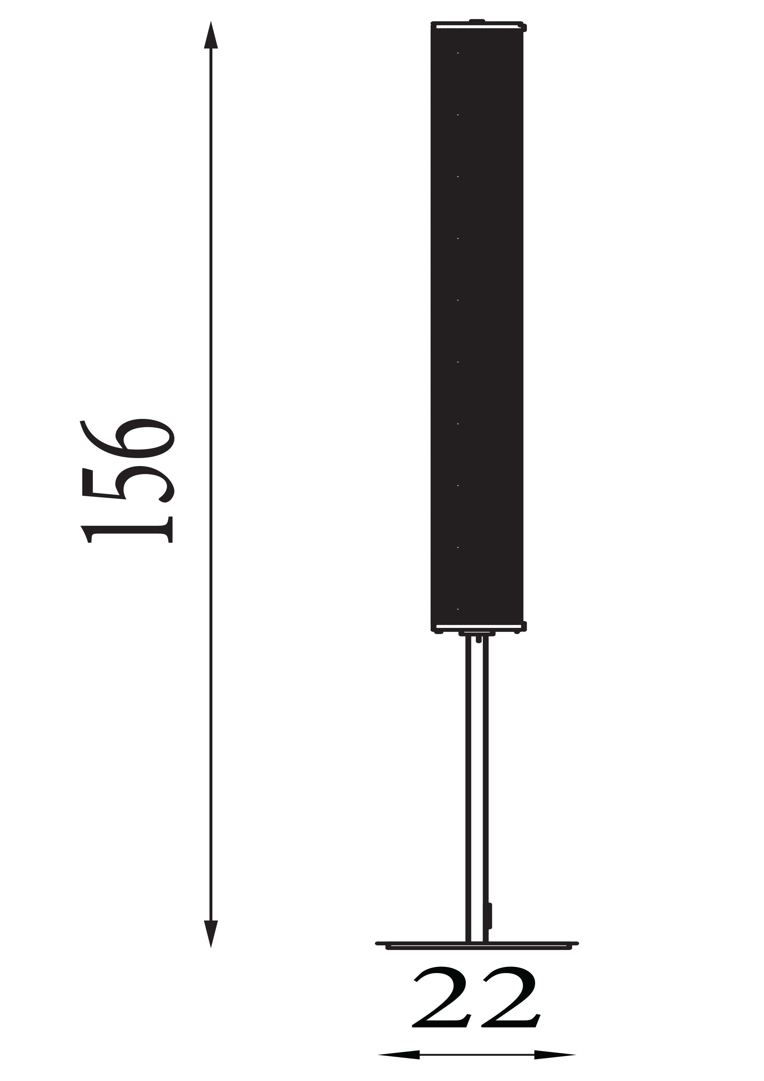 Technical line drawing of the Thread LED floor lamp showing dimensions, 156cm height, 22cm base diameter