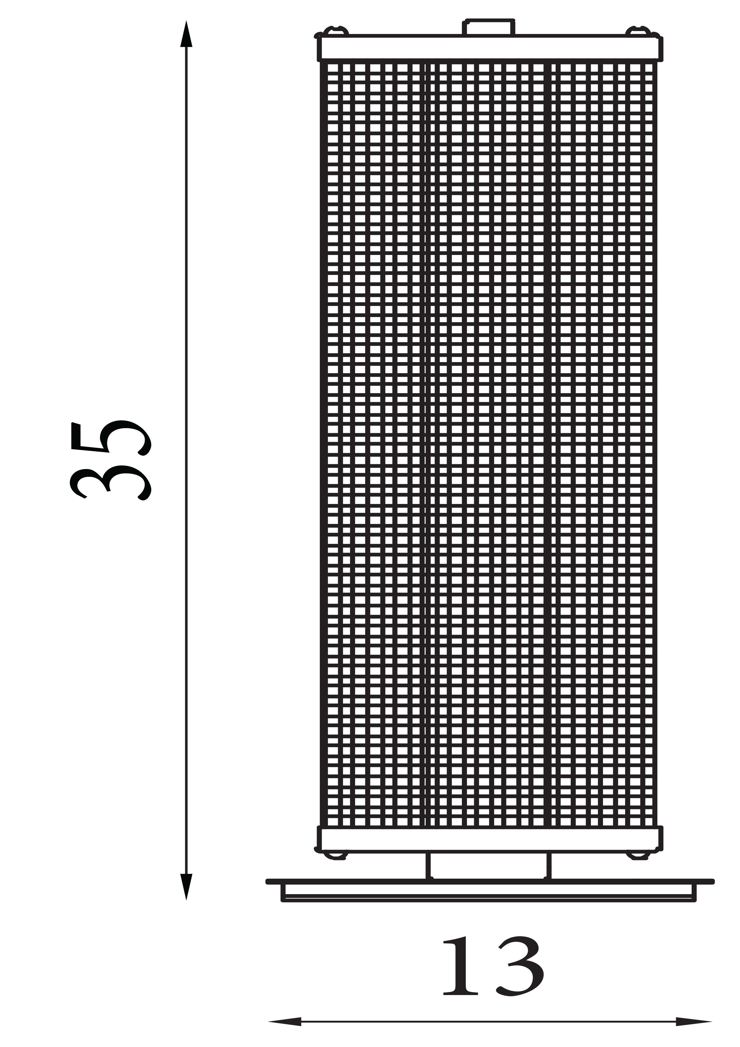 Technical line drawing of the Thread LED table lamp showing dimensions, 35cm height, 13cm base diameter