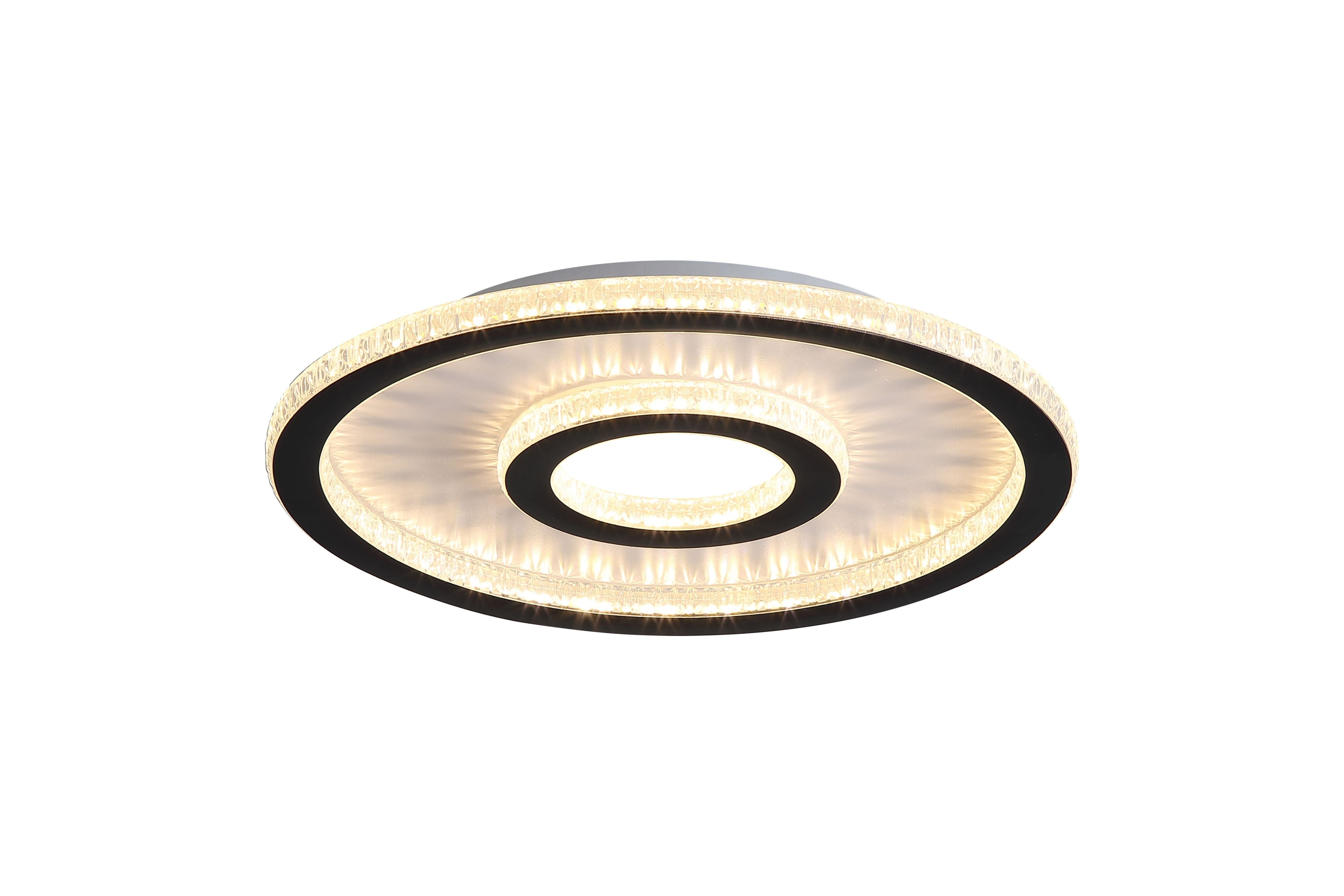 Searchlight Roundel LED flush ceiling light in matt black, angled studio shot showing the two concentric faceted acrylic rings glowing warm white
