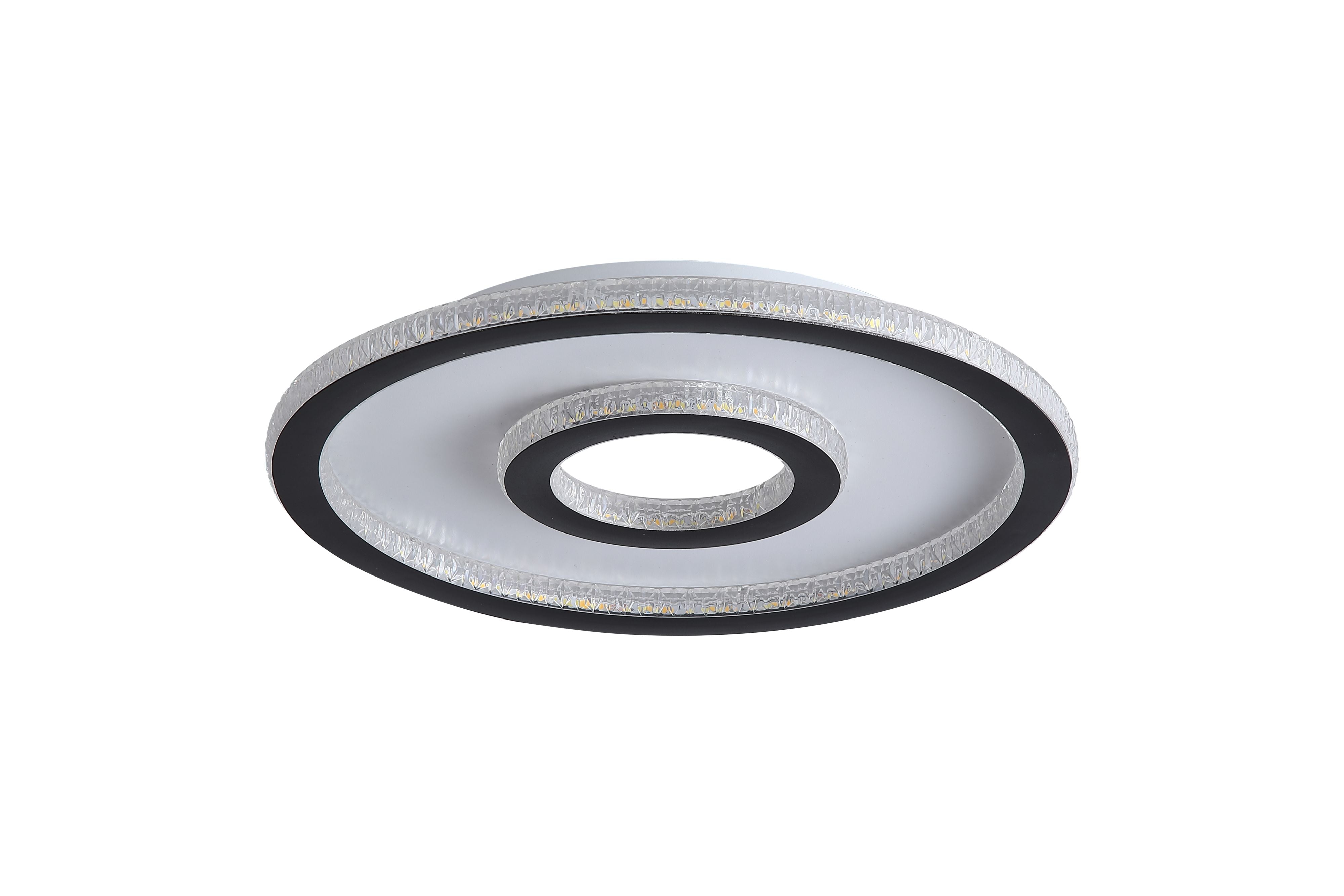 Searchlight Roundel LED flush ceiling light in matt black, alternate angle showing the outer and inner lit acrylic rings against the black frame