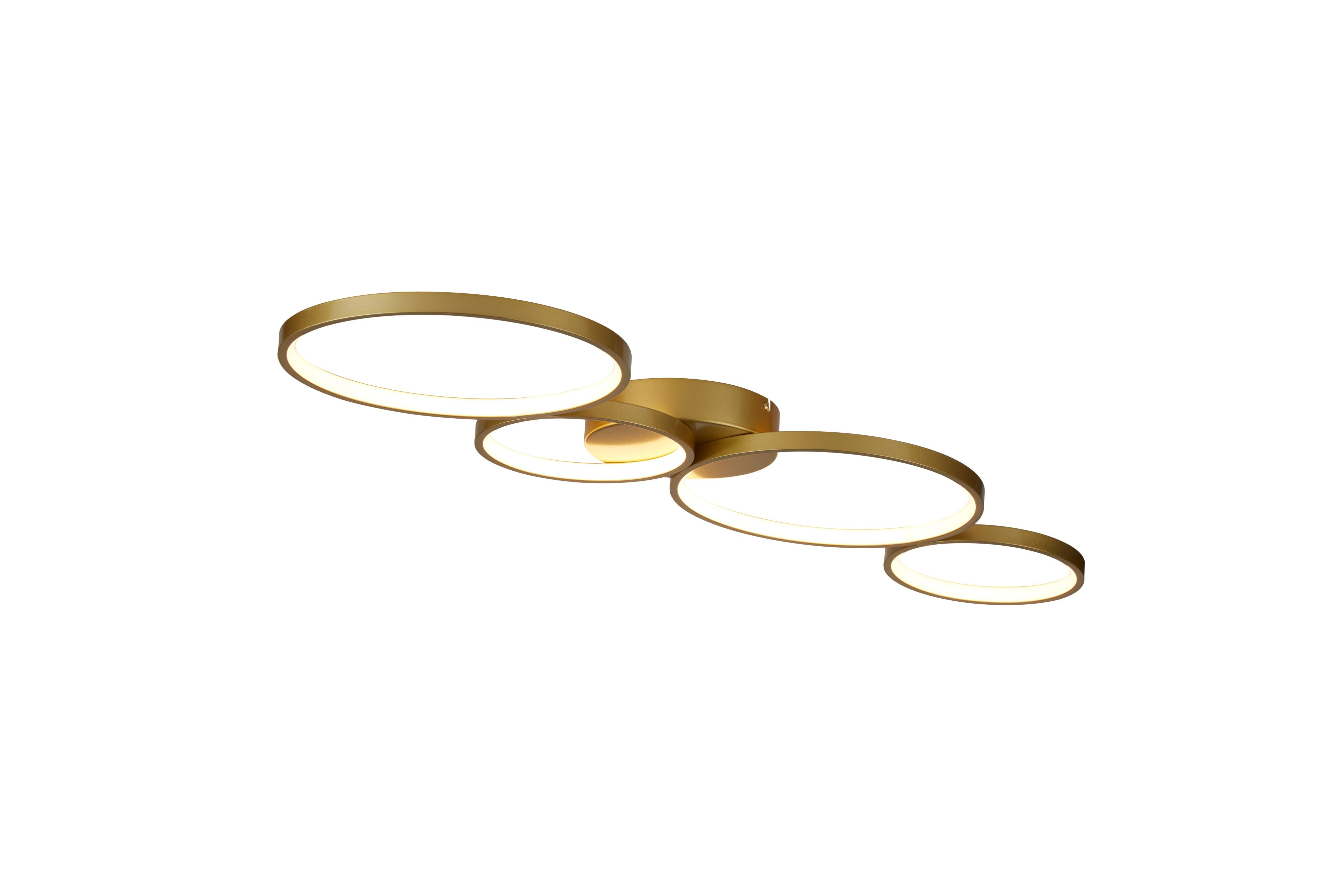 Searchlight Cirque LED 4 Light Flush in gold, angled studio shot on a white background showing all four illuminated rings from above