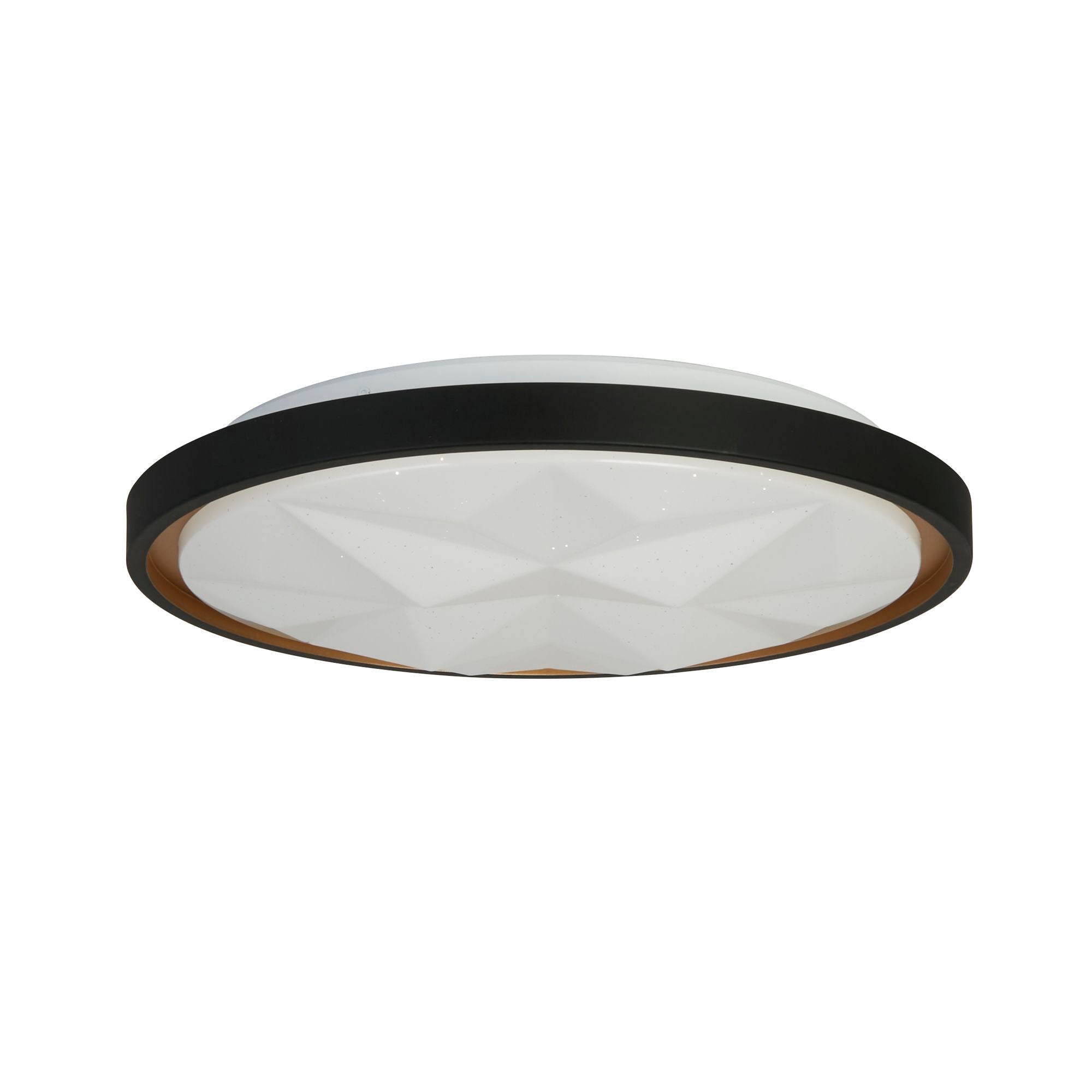 Searchlight Satellite LED flush ceiling light in black, alternate angle showing the star effect diffuser illuminated