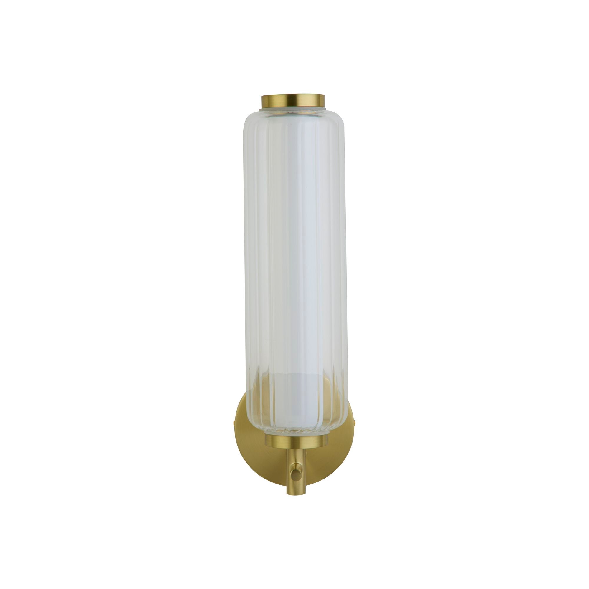 Searchlight Mod LED wall light in satin brass, angled view, ribbed glass shade glowing warm white