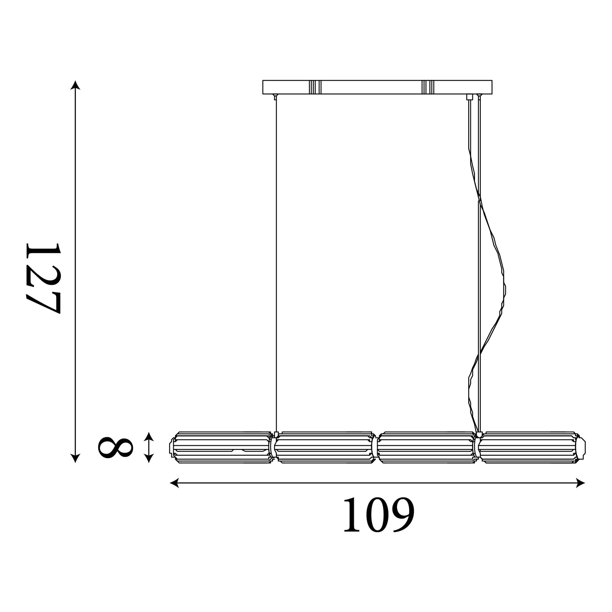 Technical line drawing of the Searchlight Mod LED Pendant showing a length of 109cm, width of 8cm, and maximum height of 127cm