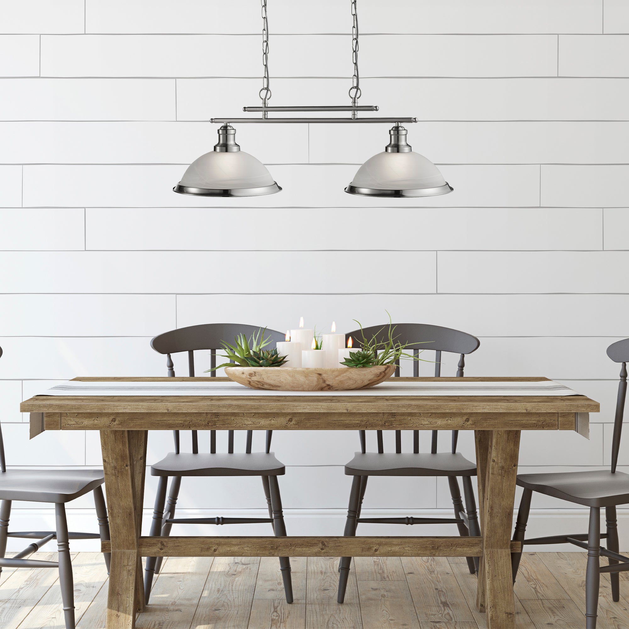 Searchlight Beech 2 Light Bar Pendant - Satin Silver & Glass