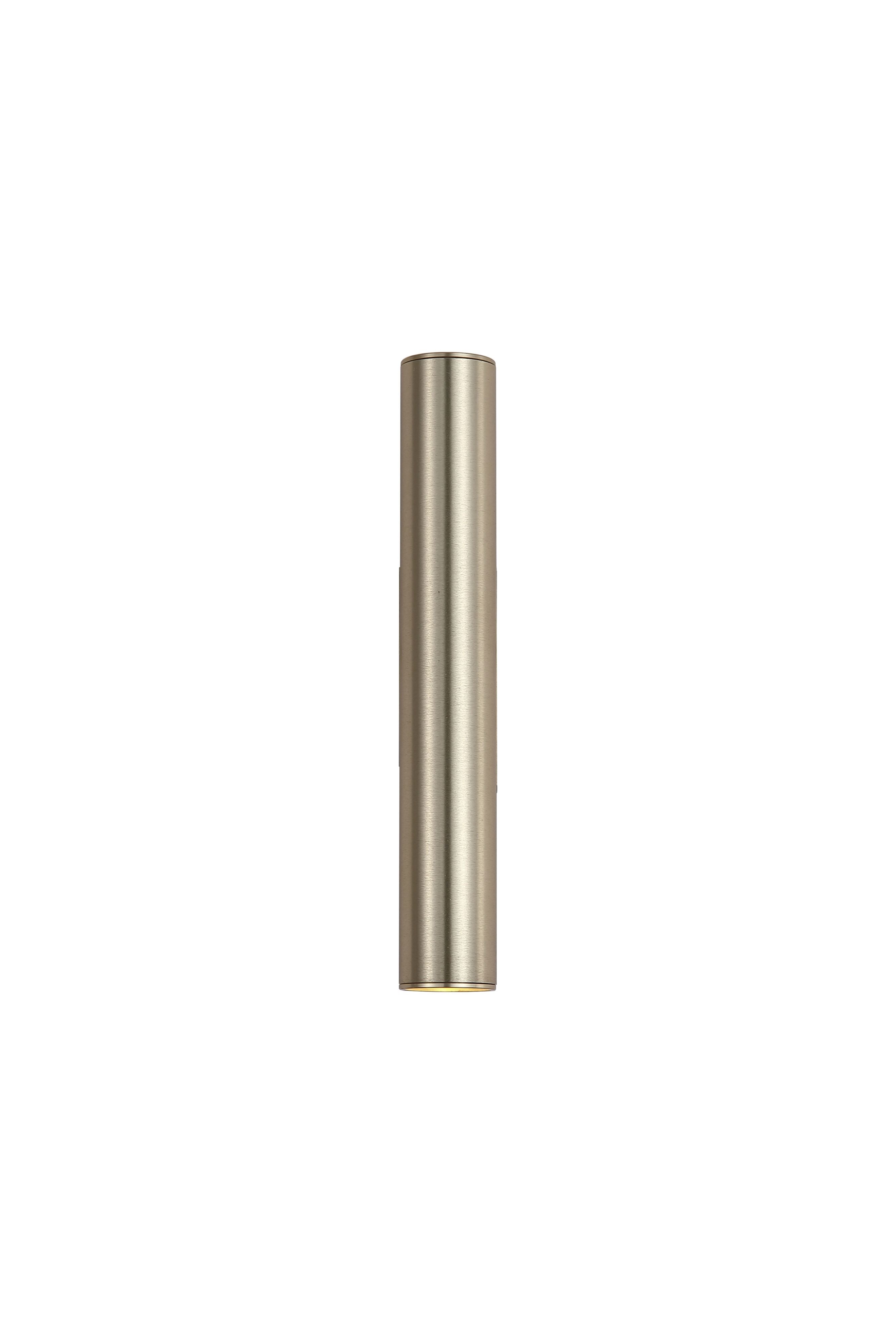 Searchlight Beacon 2 Light Up/Down Wall Light in brushed gold, front three quarter studio view showing the slim cylindrical body