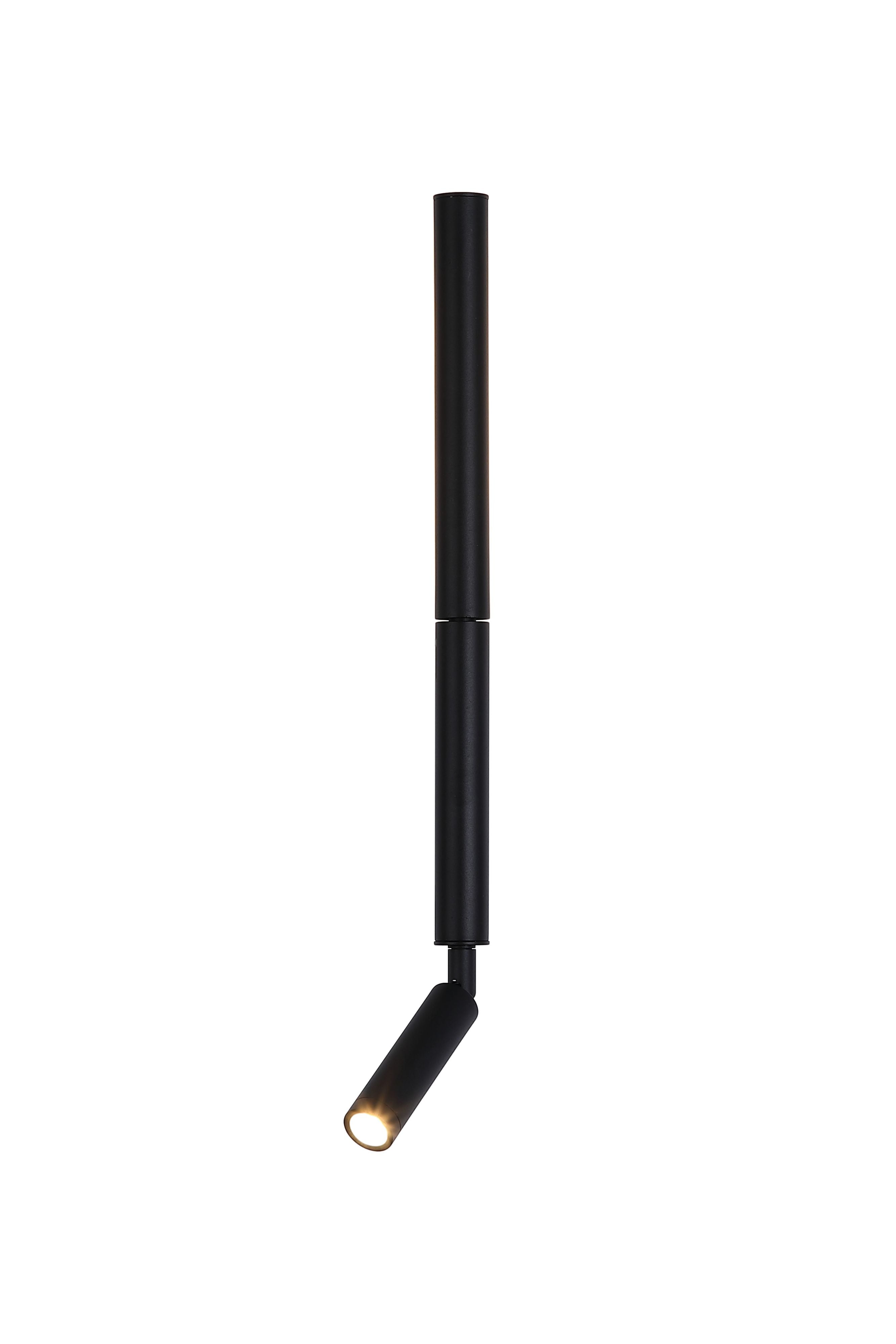Searchlight Architect LED Wall Light with Reading Arm in matte black, full length studio shot showing the slim cylindrical body with the pivoting reading arm extended and its integrated LED lit