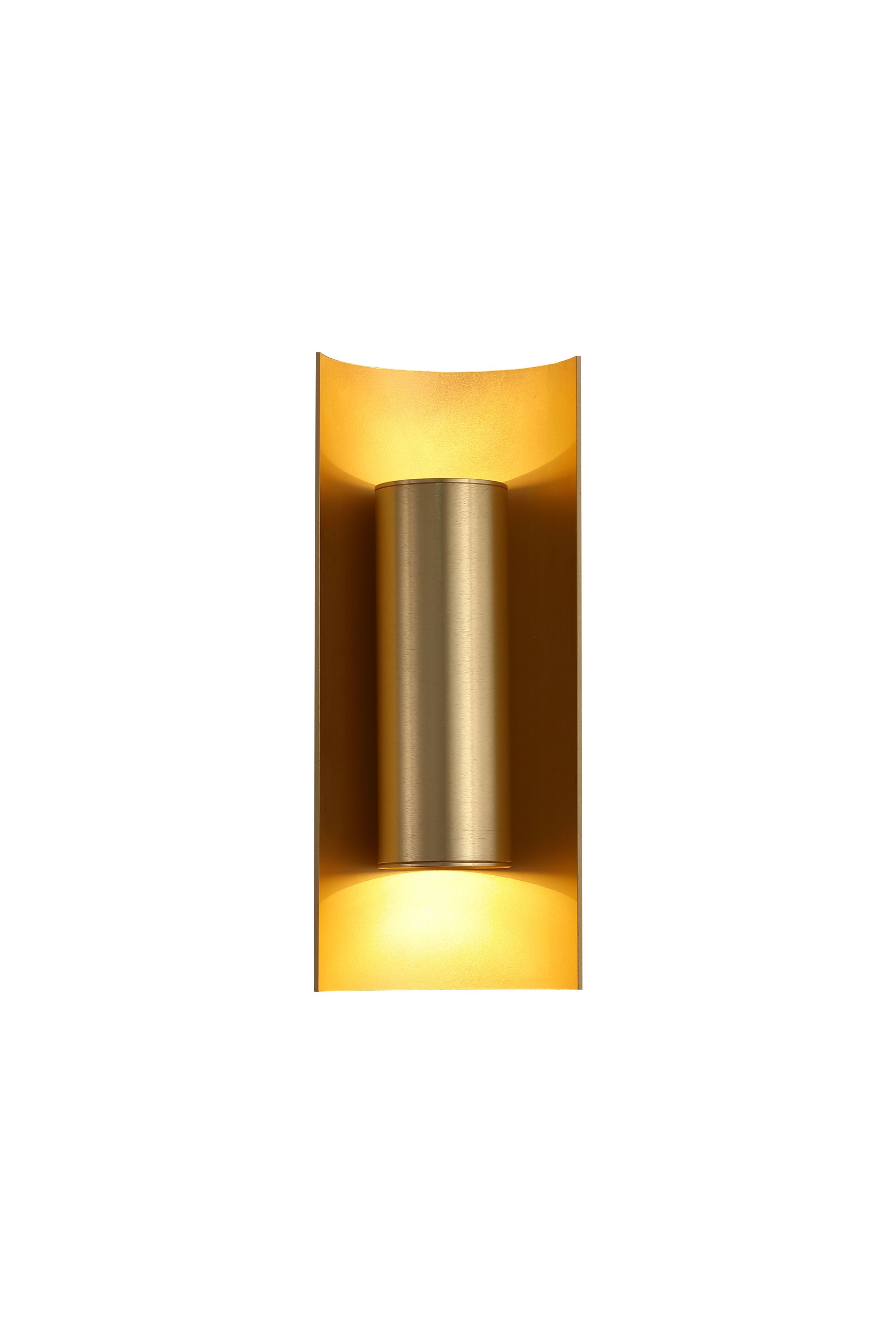 Searchlight Roll 2 Light Wall Light in gold, front studio shot on a white background showing the curved outer housing wrapped around the central cylinder, lit with an up and down glow