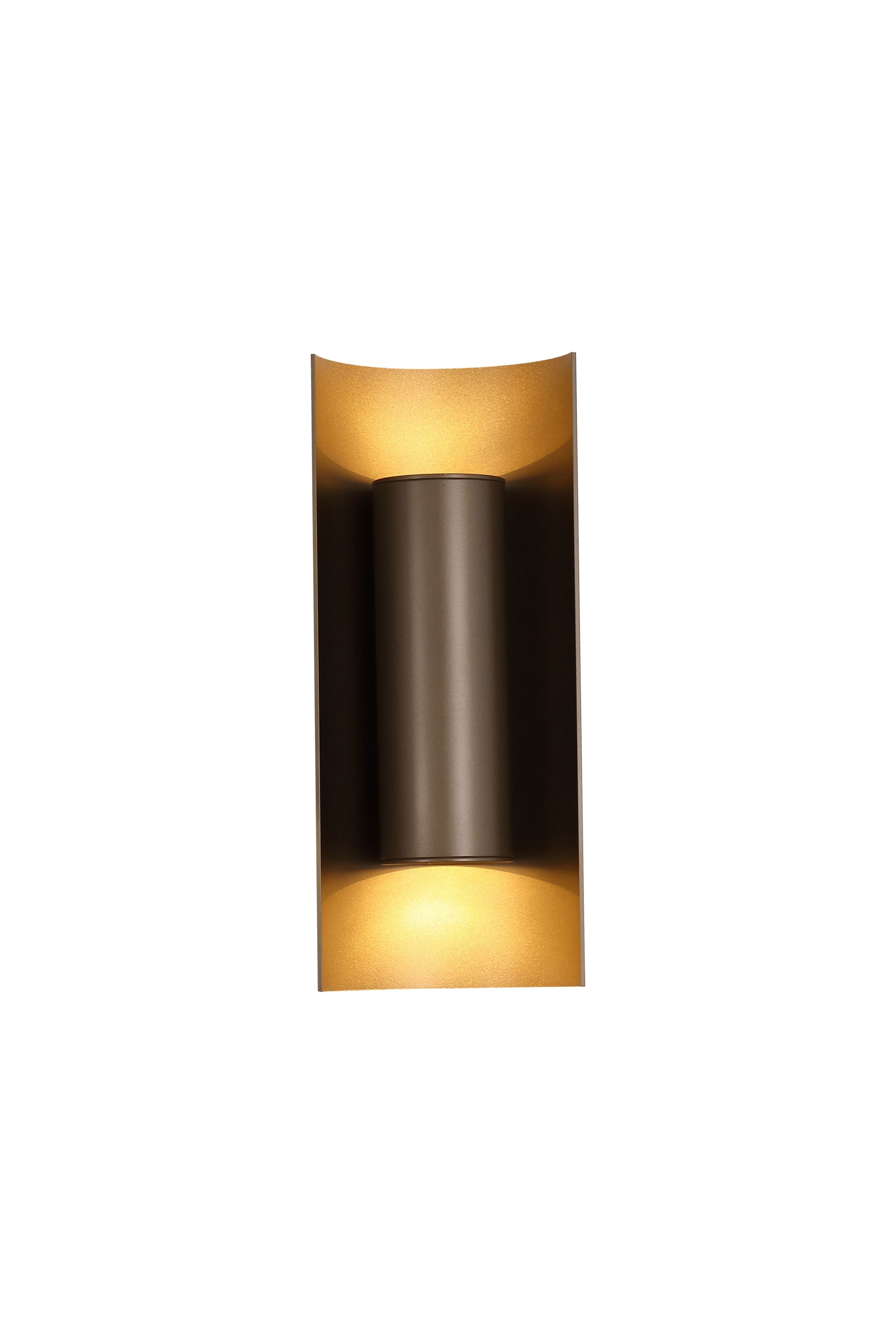 Searchlight Roll wall light in latte anodised metal, straight on studio shot showing the curved housing lit from a central GU10 cylinder