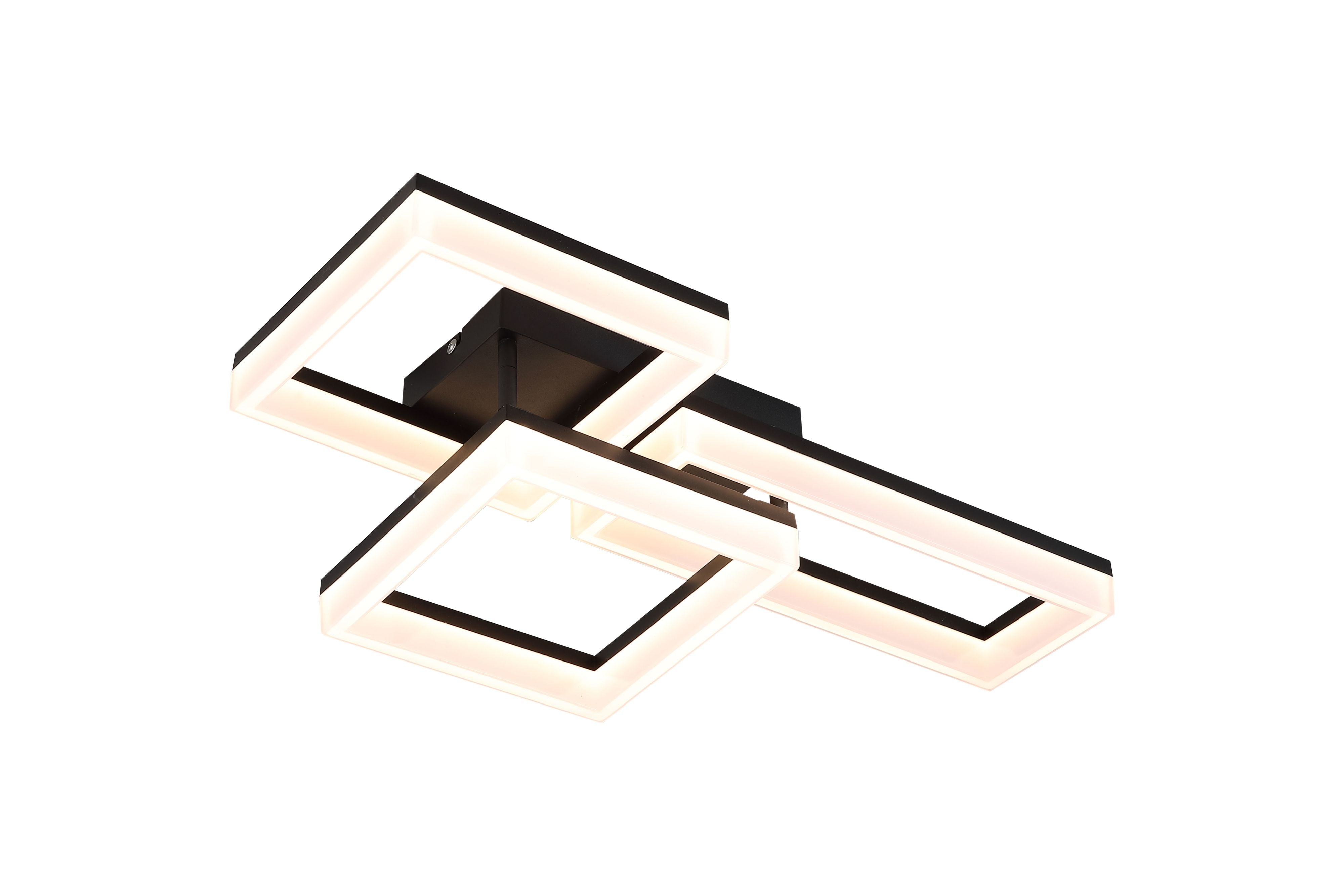 Searchlight Wall Art II LED flush ceiling light in matt black, angled view of the two offset square frames lit around their inner acrylic edges, on a white studio background