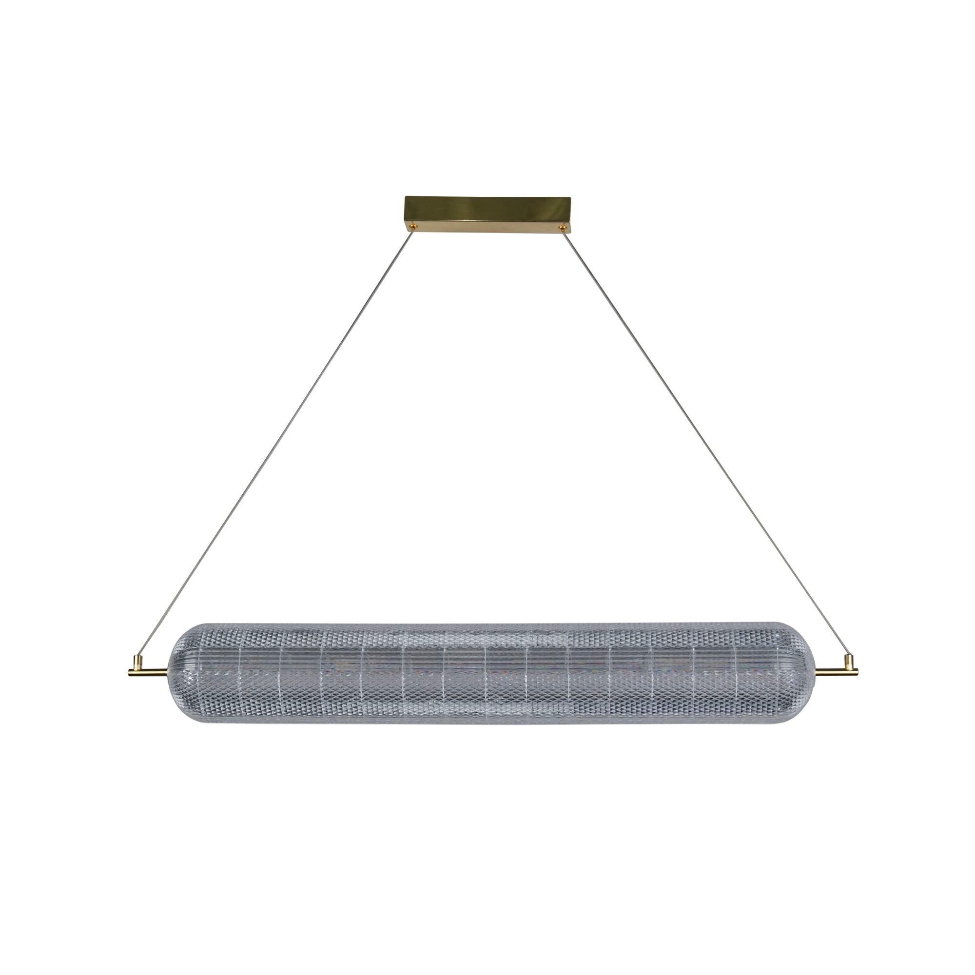 Searchlight Capsule LED convertible pendant in satin brass, hung horizontally, textured acrylic diffuser unlit