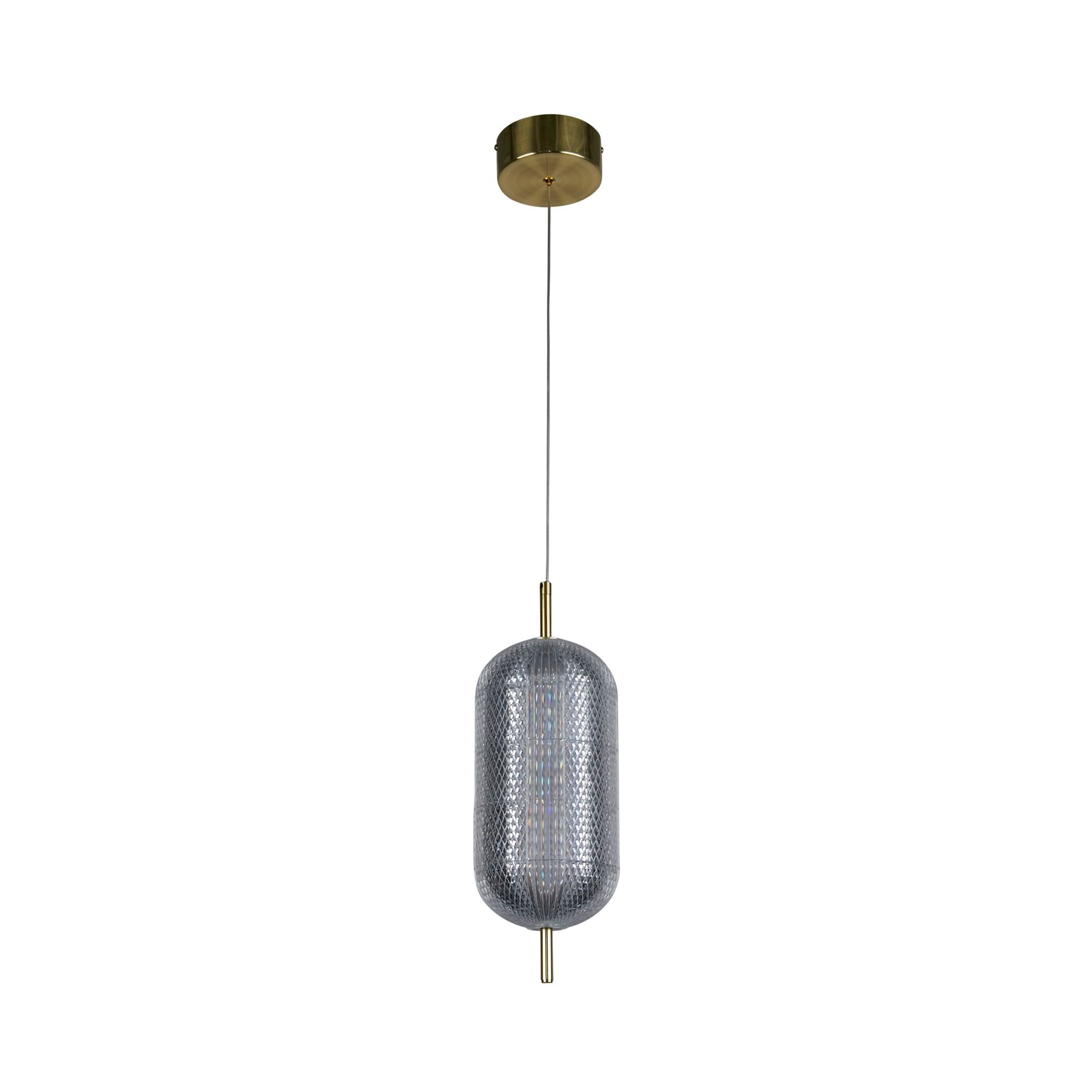 Searchlight Capsule LED pendant shown here with a smoke tinted glass style shade in a grey tone rather than the warm amber tone of the satin brass version, studio shot on white