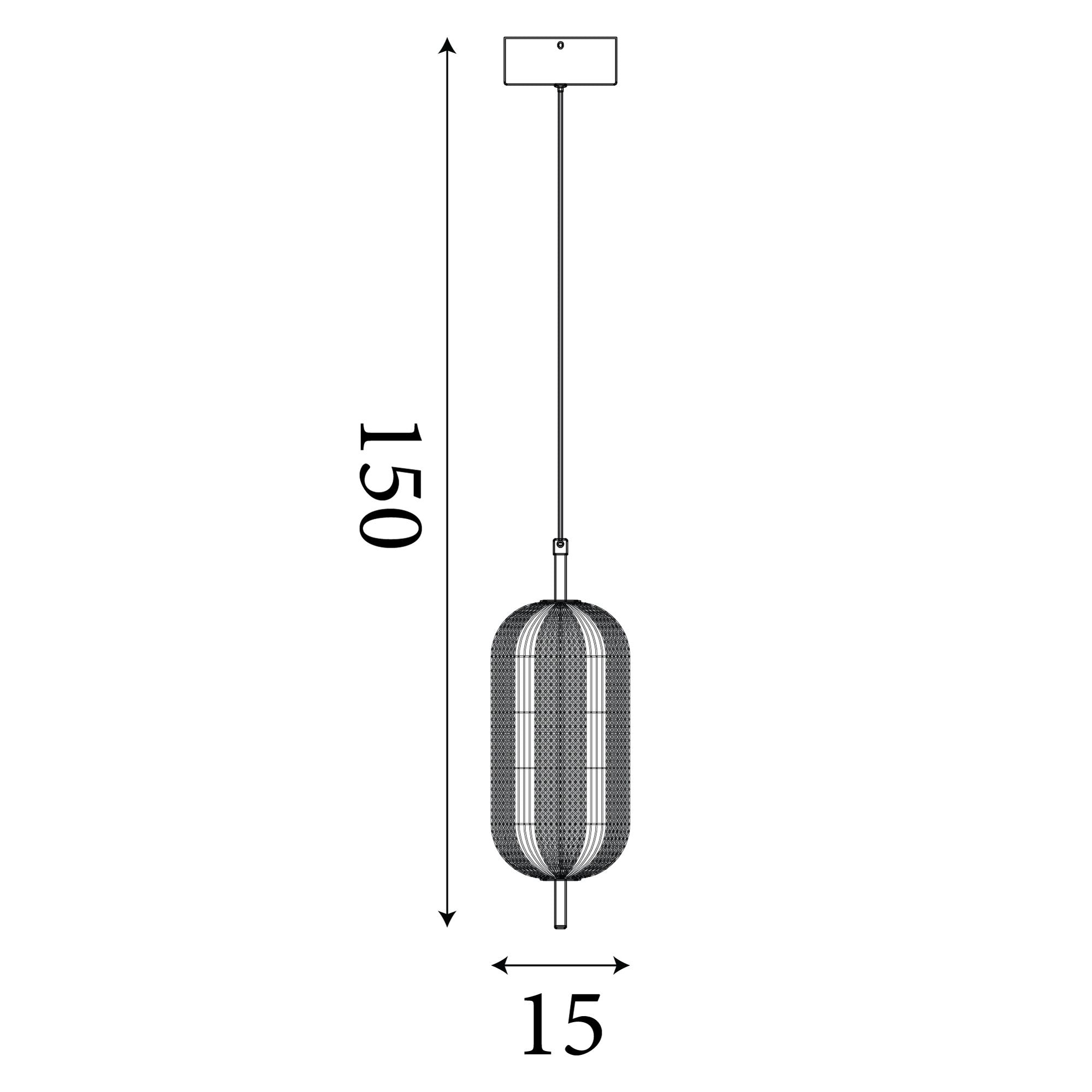 Technical line drawing of the Capsule LED pendant showing a maximum drop of 150cm and a shade diameter of 15cm