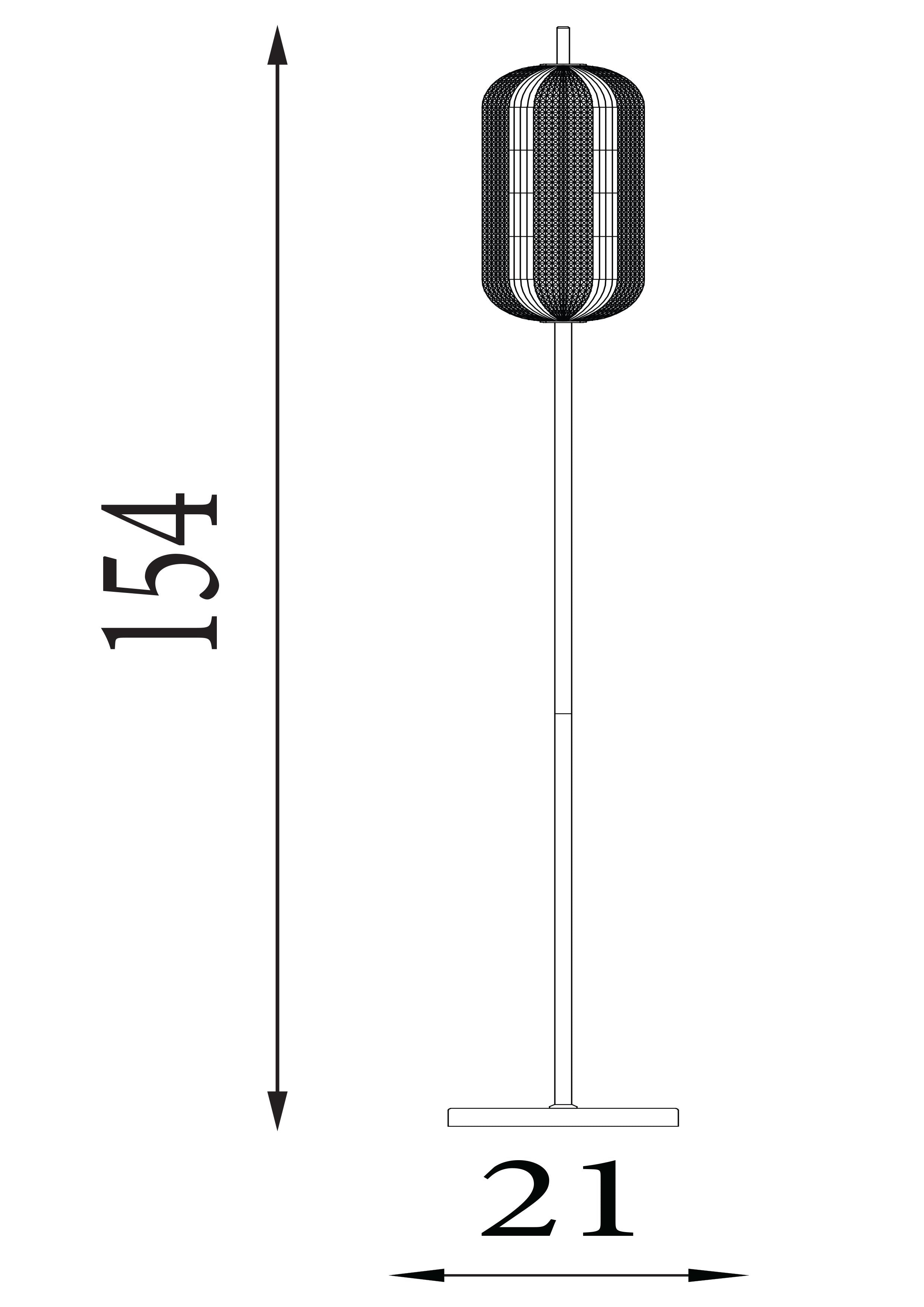 Technical line drawing of the Capsule floor lamp showing an overall height of 154cm and a shade width of 21cm