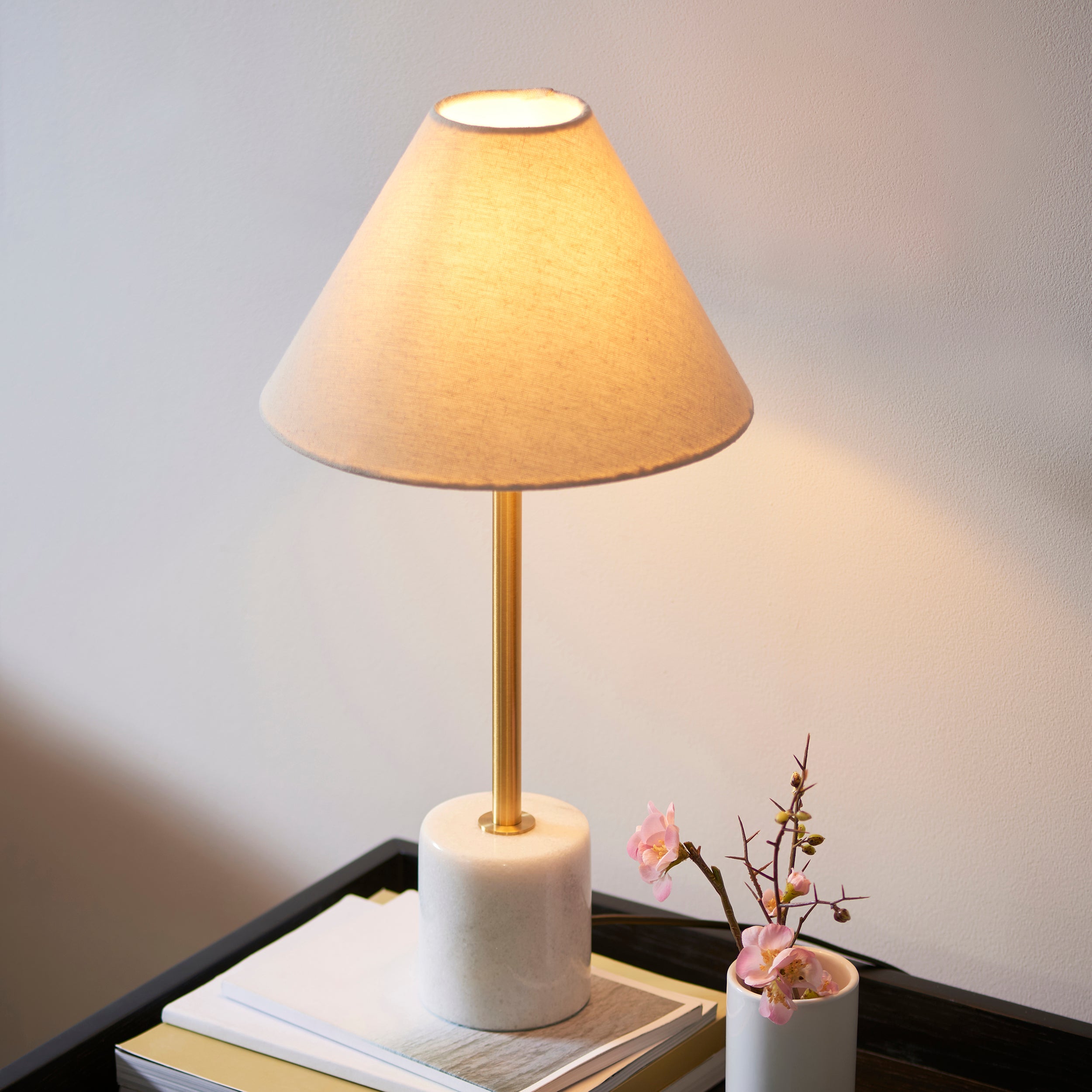 Utopia Pinnacle White Marble Single Table Lamp - Brushed Aged Brass & Natural Tapered Shade