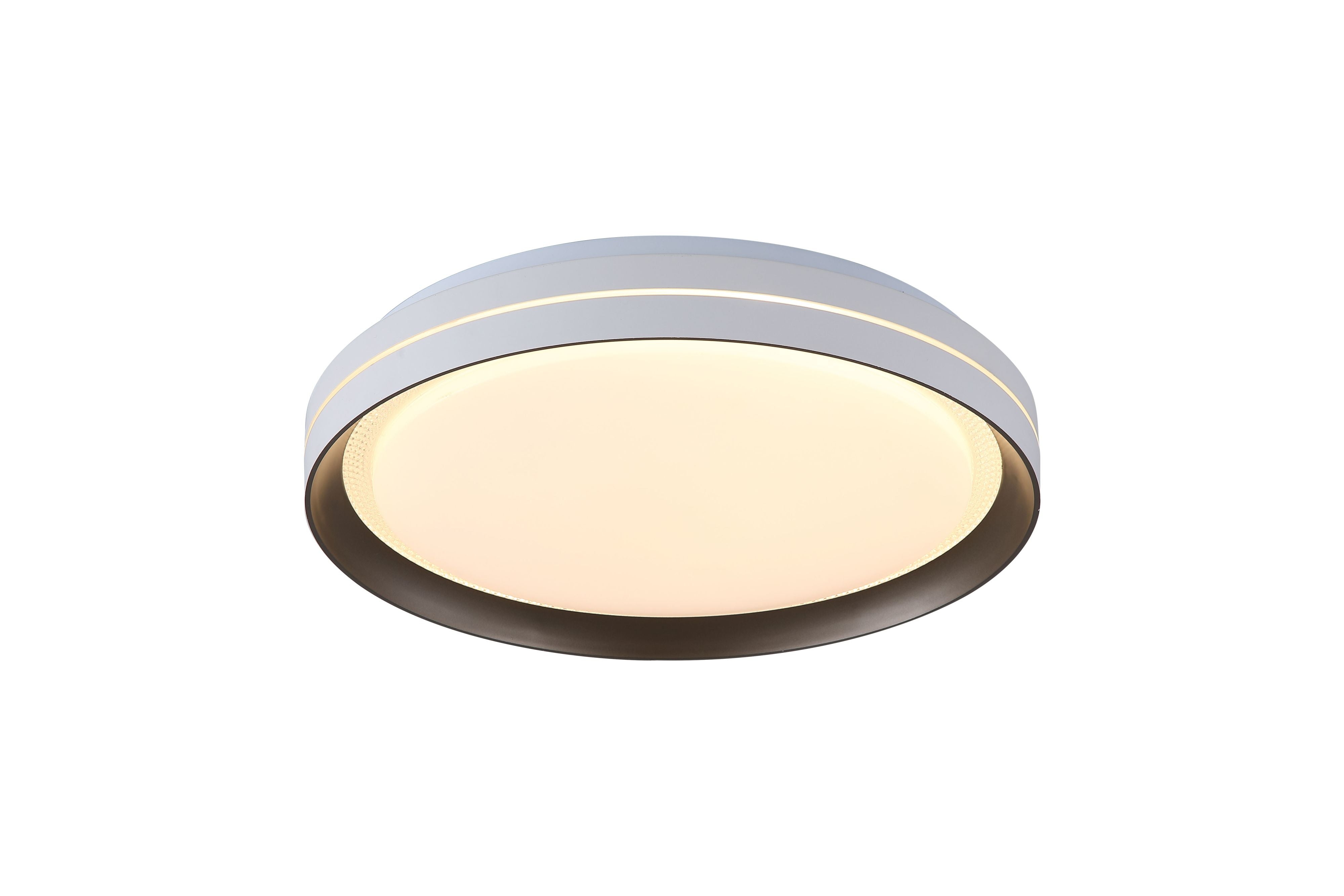 Searchlight Saucer LED flush ceiling light in white and latte metal, angled studio shot showing the drum shaped body and opal diffuser lit warm white