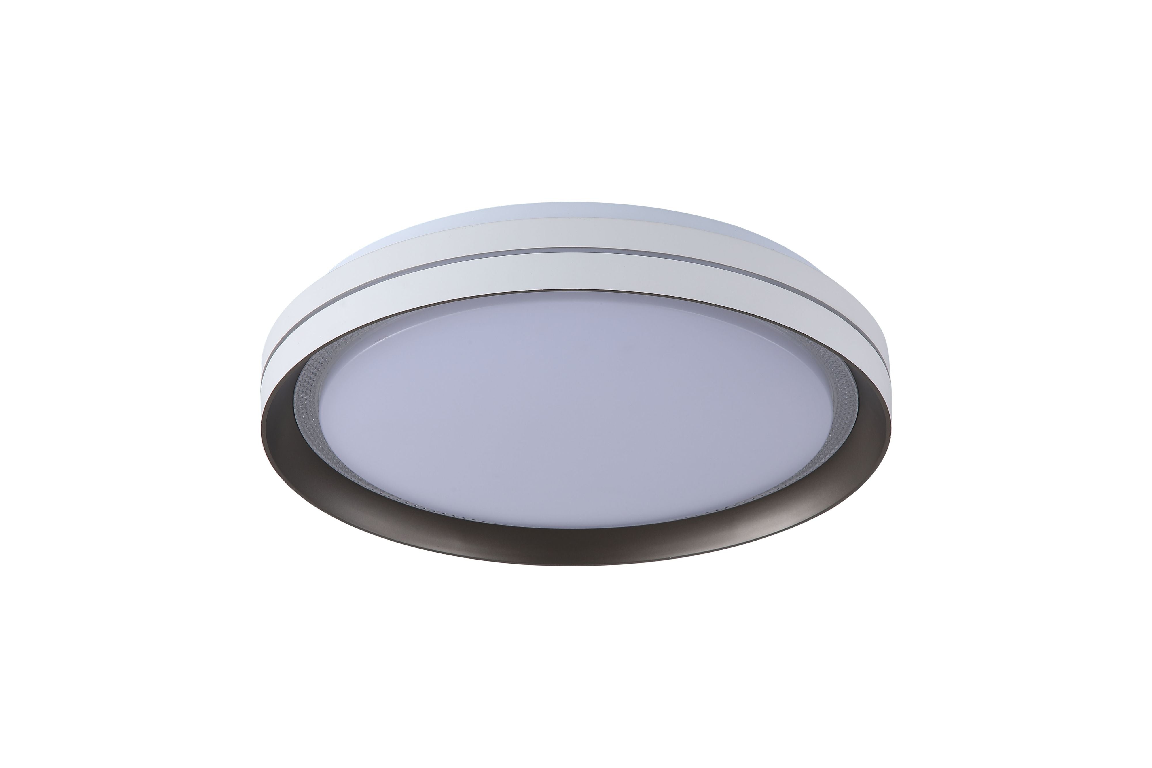 Searchlight Saucer LED flush ceiling light in white and latte metal, alternate angle showing the white outer drum and darker inner well