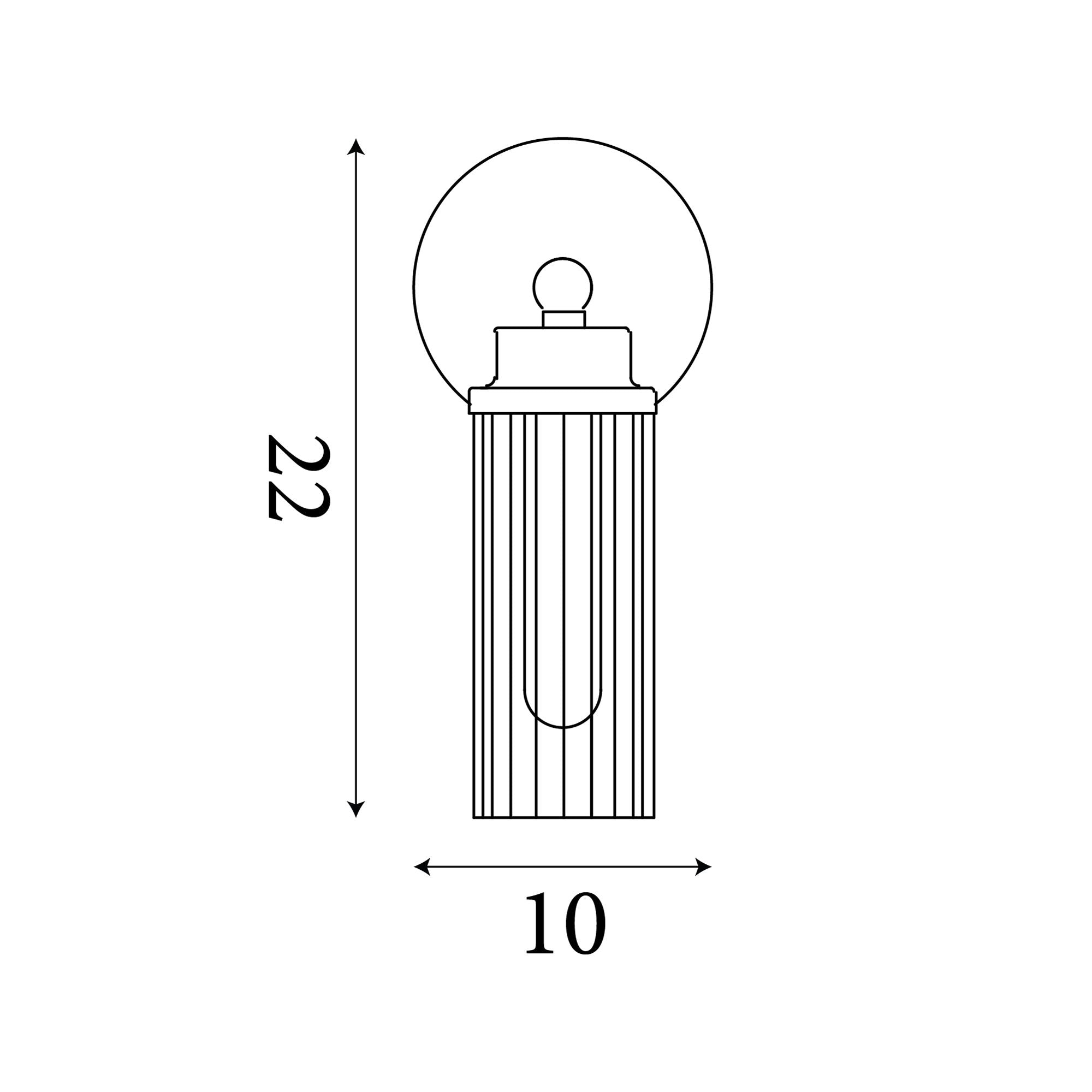Technical line drawing of the Searchlight Imperial 1 light wall light in satin brass showing 22cm height and 10cm width