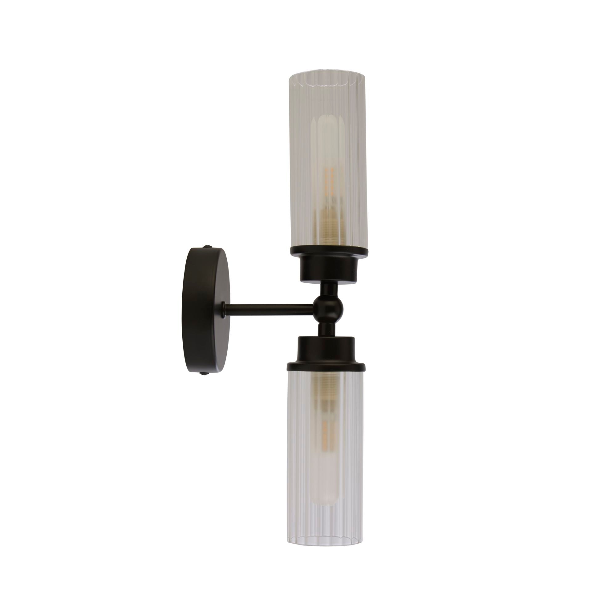 Searchlight Imperial 2 light wall light in matt black with two clear ribbed glass shades, both lit, front studio shot