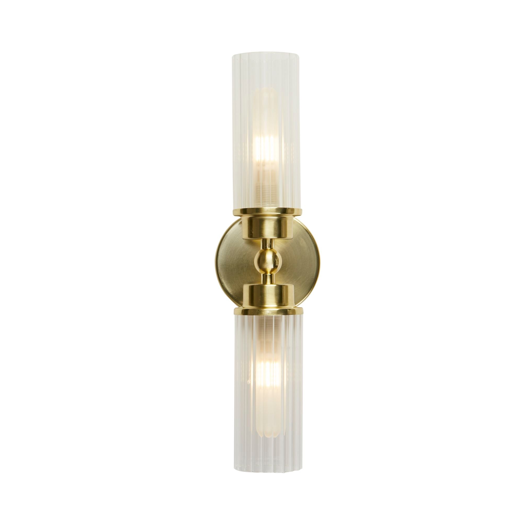 Searchlight Imperial 2 Light Wall Light in satin brass with clear ribbed glass, front view mounted vertically, both reeded glass cylinders lit