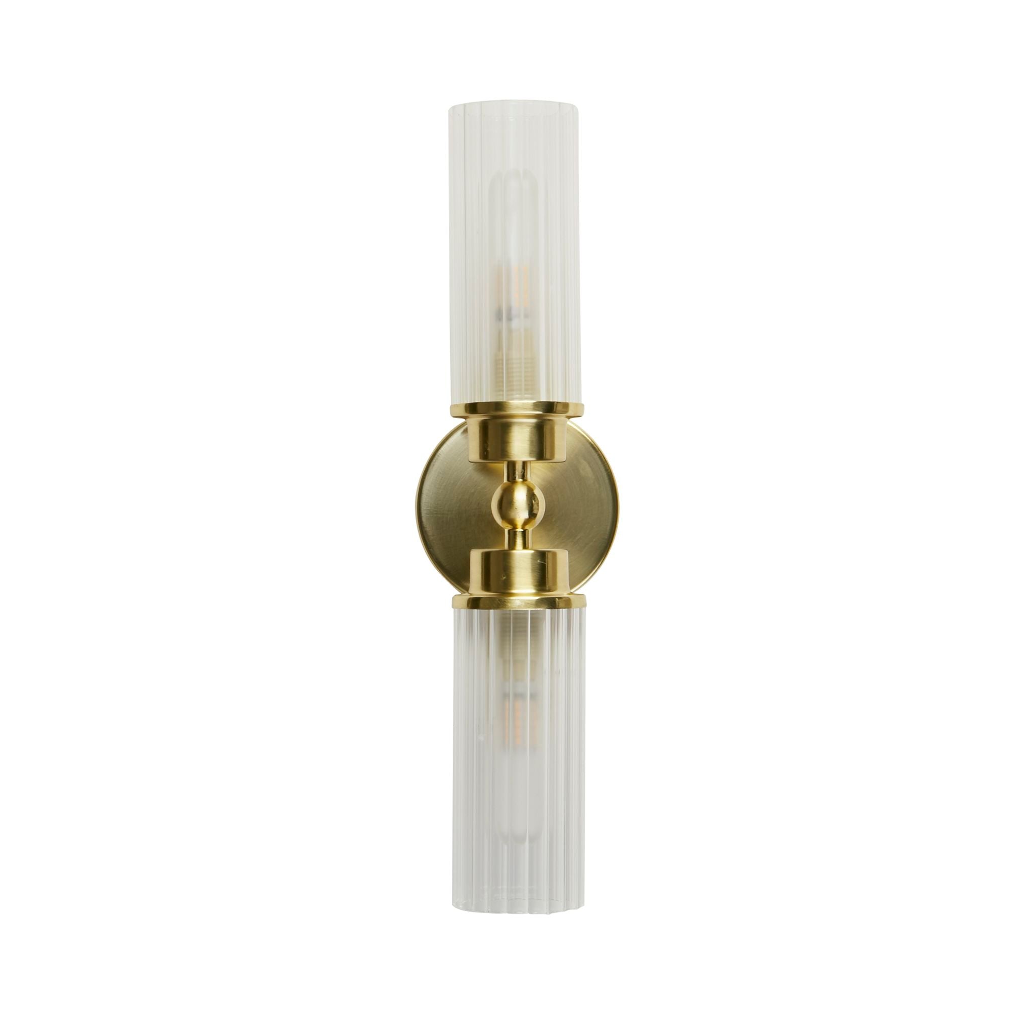 Searchlight Imperial 2 Light Wall Light in satin brass with clear ribbed glass, straight on view showing the central ball joint bracket