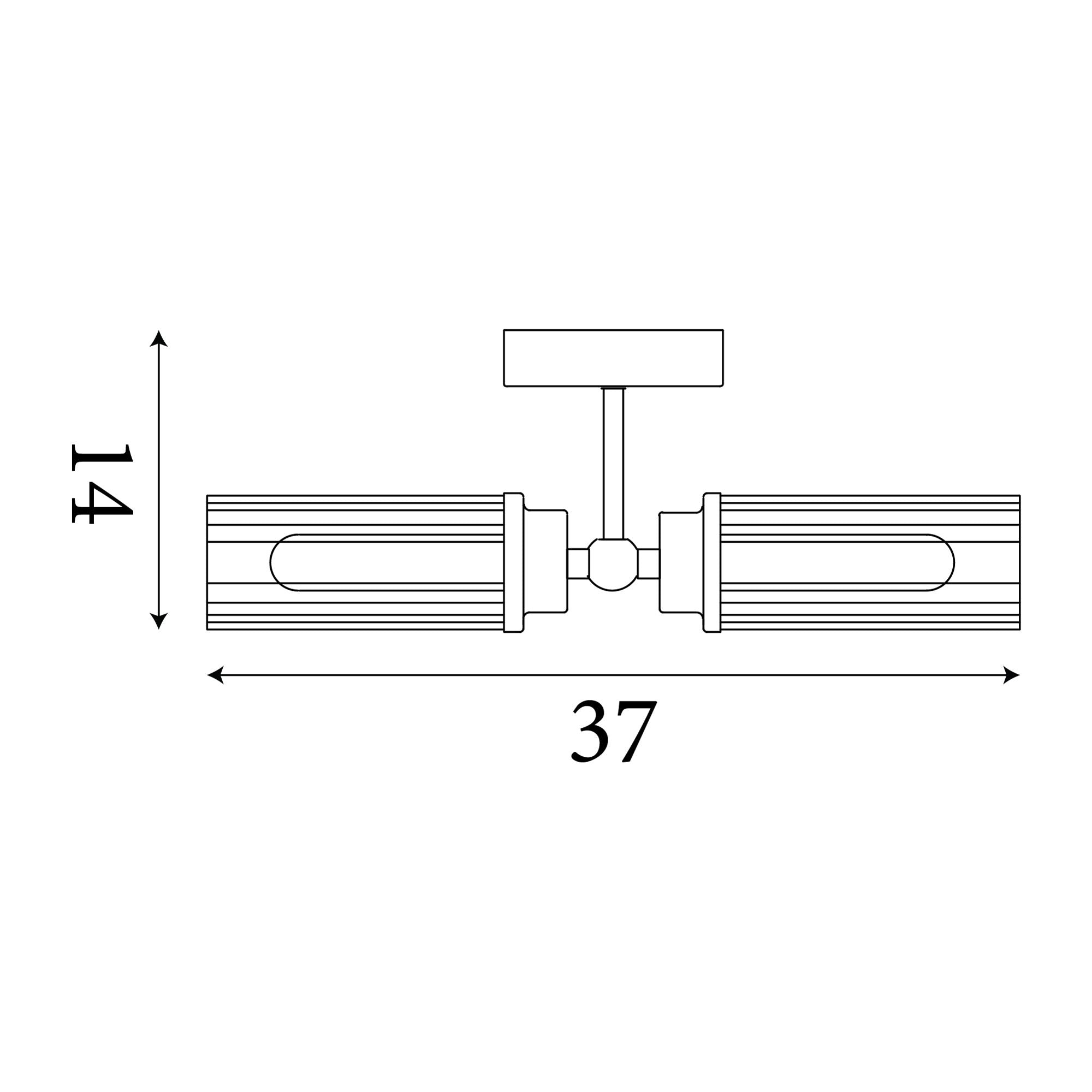 Technical line drawing of the Searchlight Imperial 2 Light Wall Light showing 14cm height and 37cm width dimensions