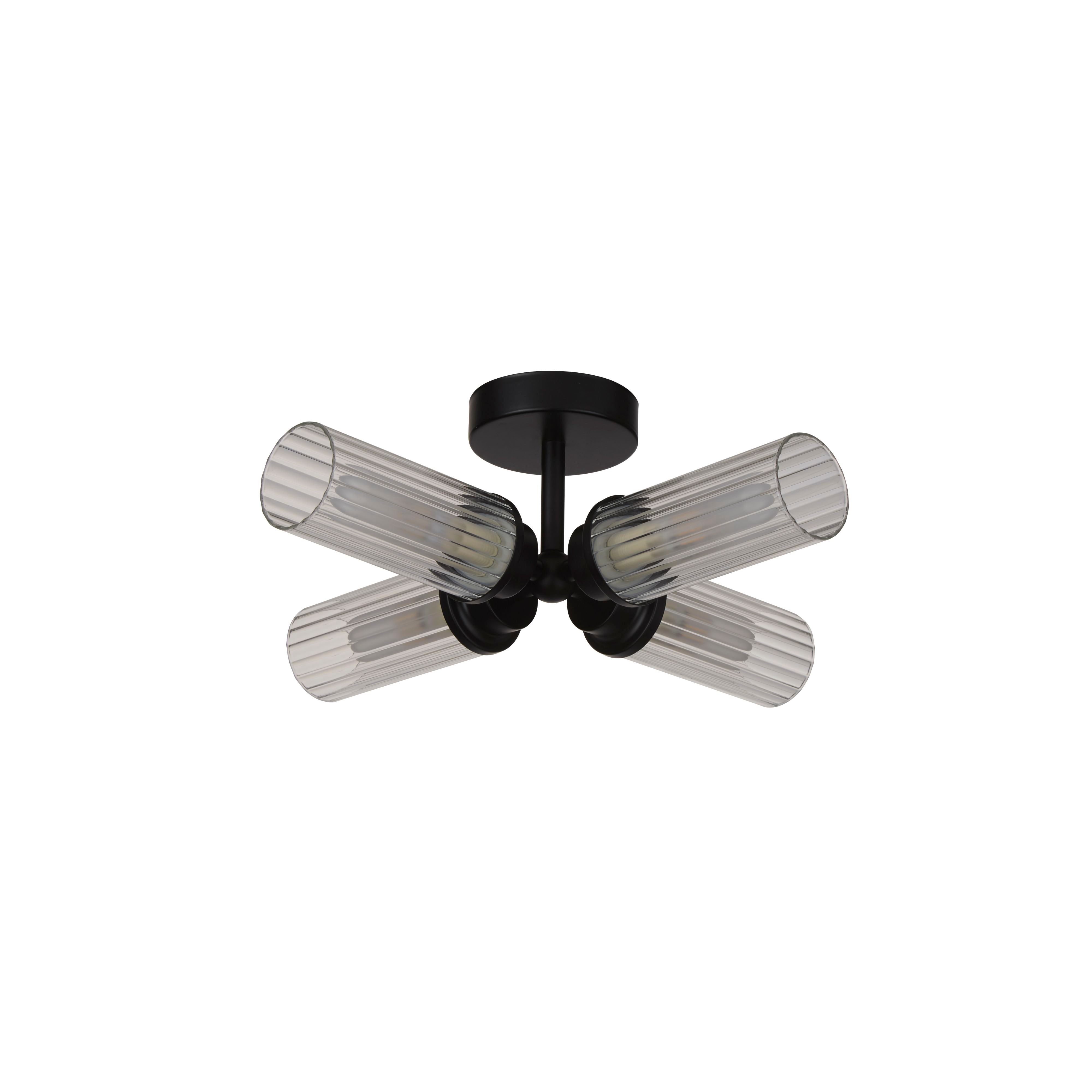 Searchlight Imperial 4 Light Flush ceiling light in black with clear ribbed glass, straight on view showing the central ceiling rose
