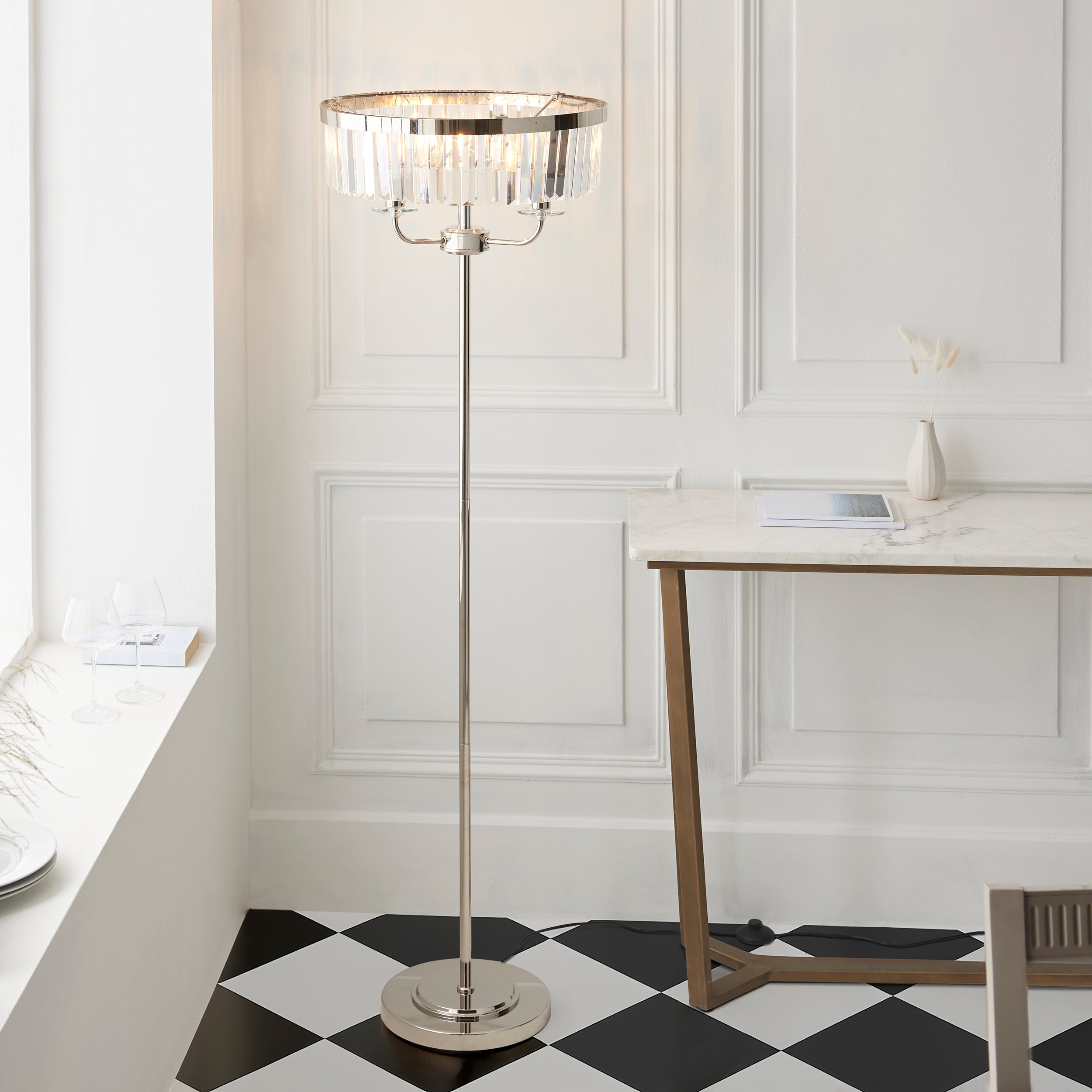 Utopia Martini 3 Light Floor Lamp - Bright Nickel & Clear Cut Glass