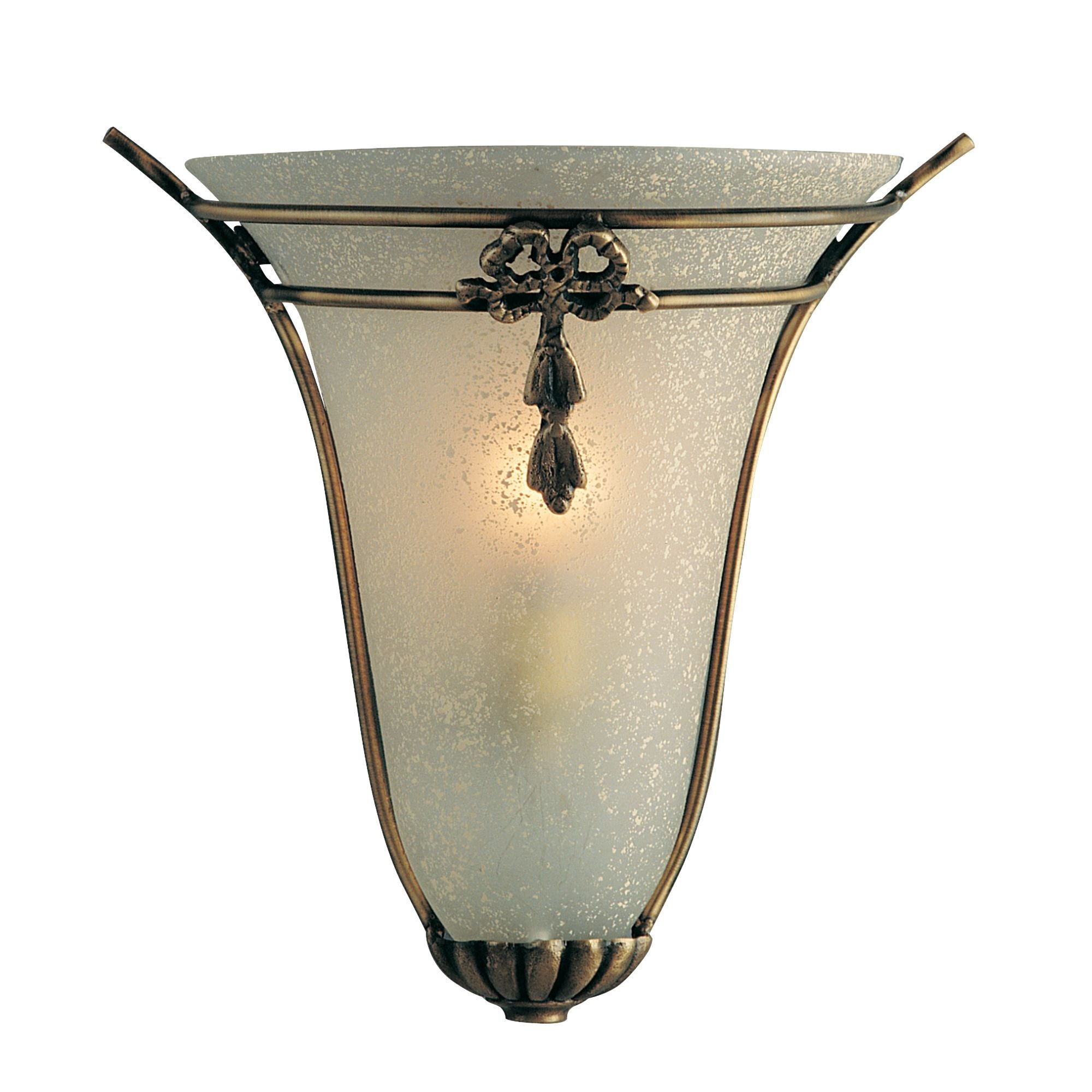 Searchlight Nashville wall light in antique brass with a fan shaped frosted scavo glass shade and ribbon motif detail, lit from within