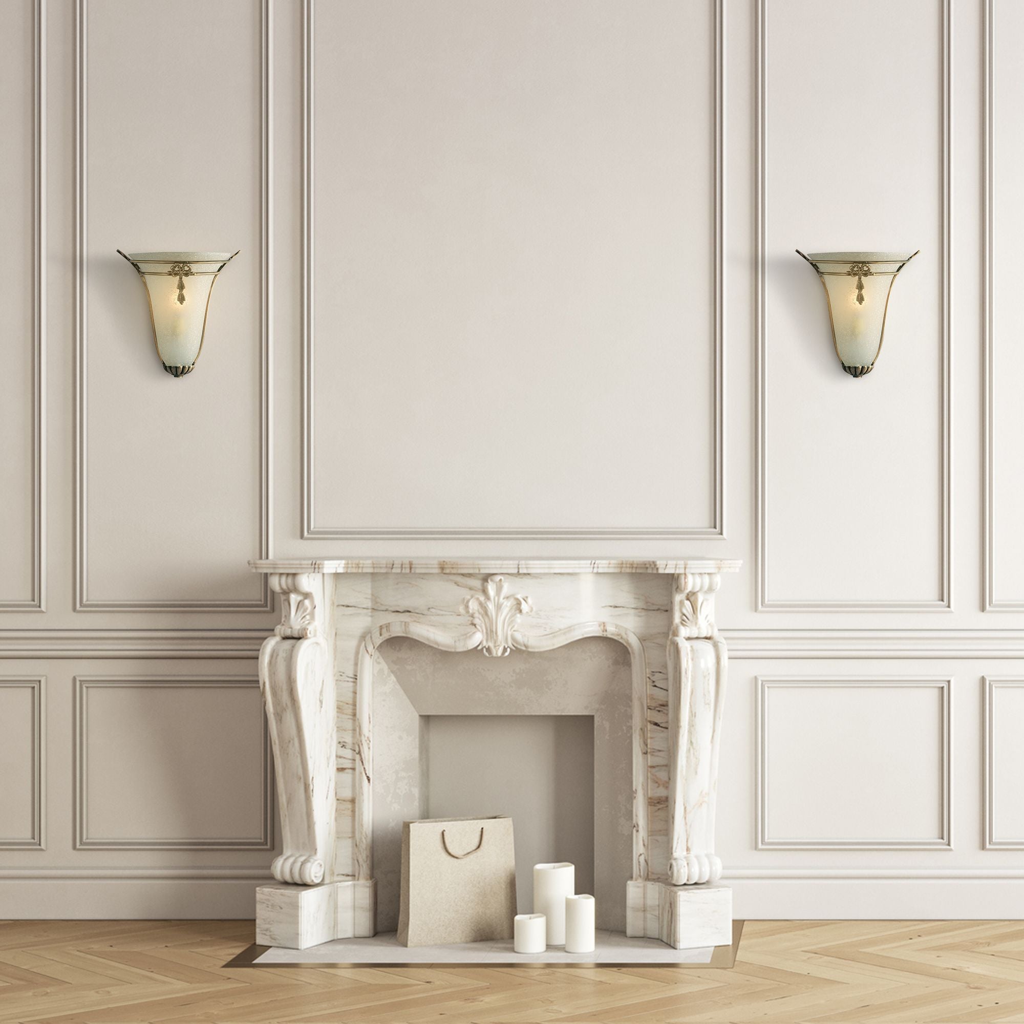 A pair of Nashville wall lights mounted either side of a marble fireplace in a traditional panelled room