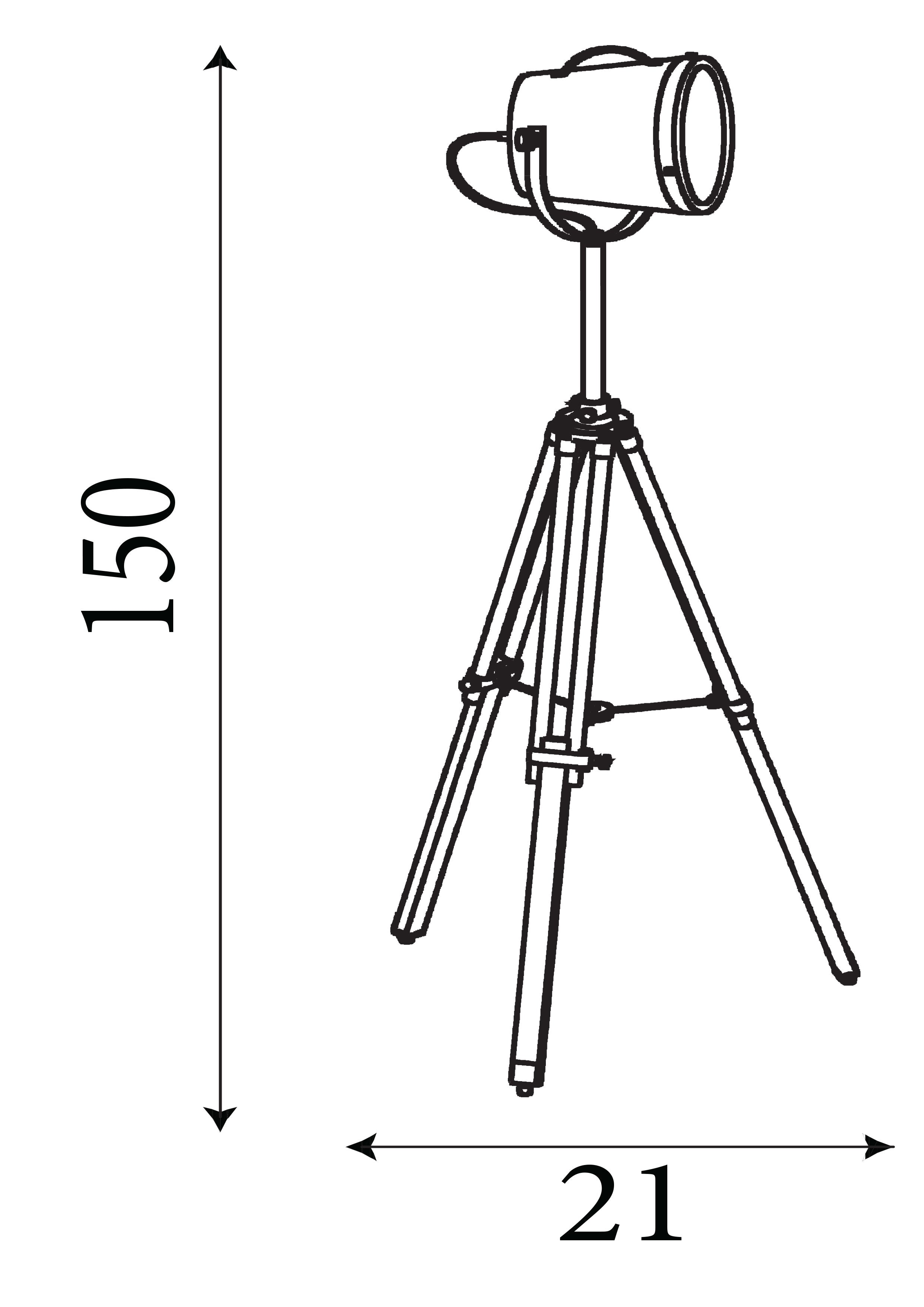 Dimension diagram of the Searchlight Studio Adjustable Floor Lamp, maximum height 150cm and width 21cm