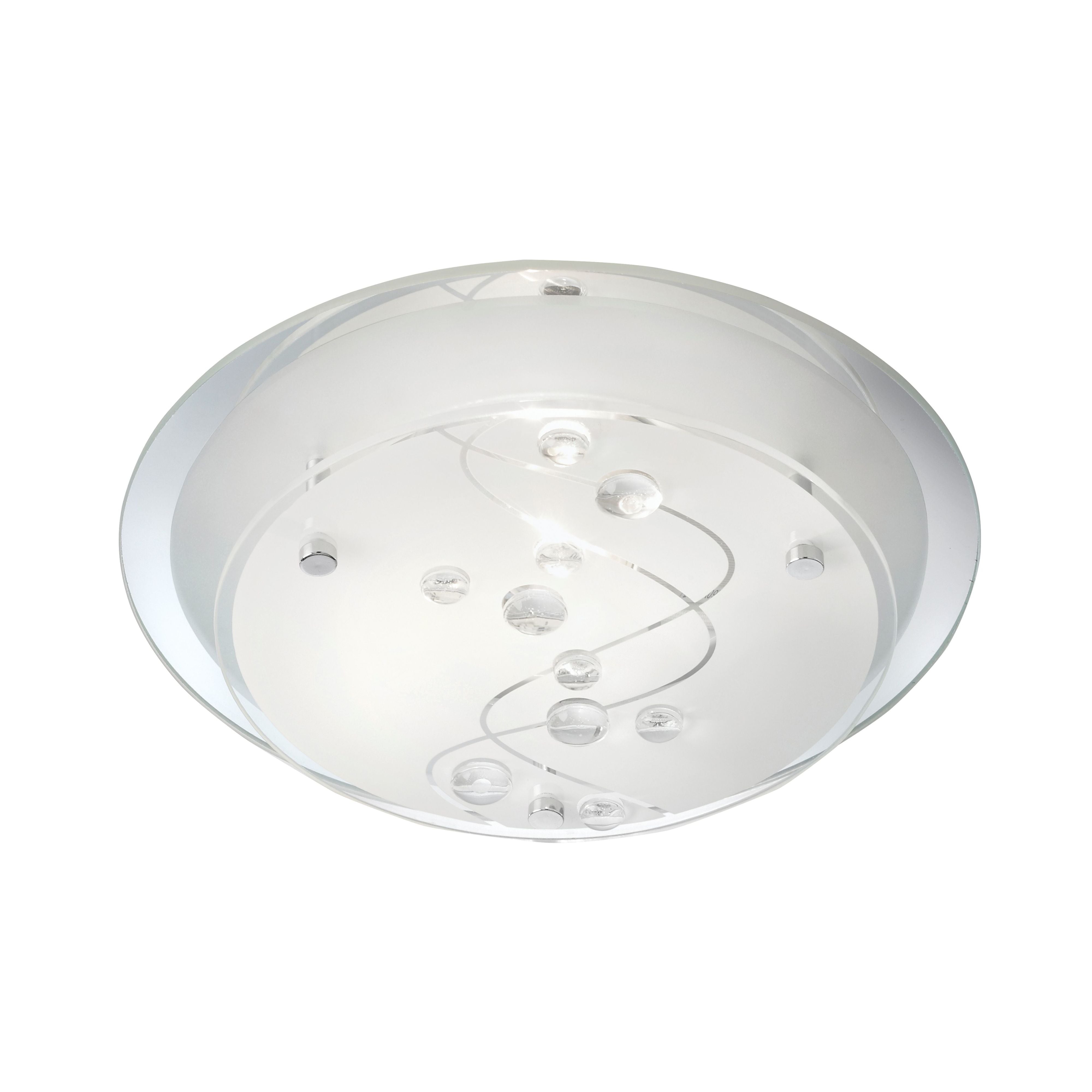 Searchlight Cove flush ceiling light in chrome with glass beads, studio view showing the bevelled glass disc, etched spiral line and chrome pin fixings