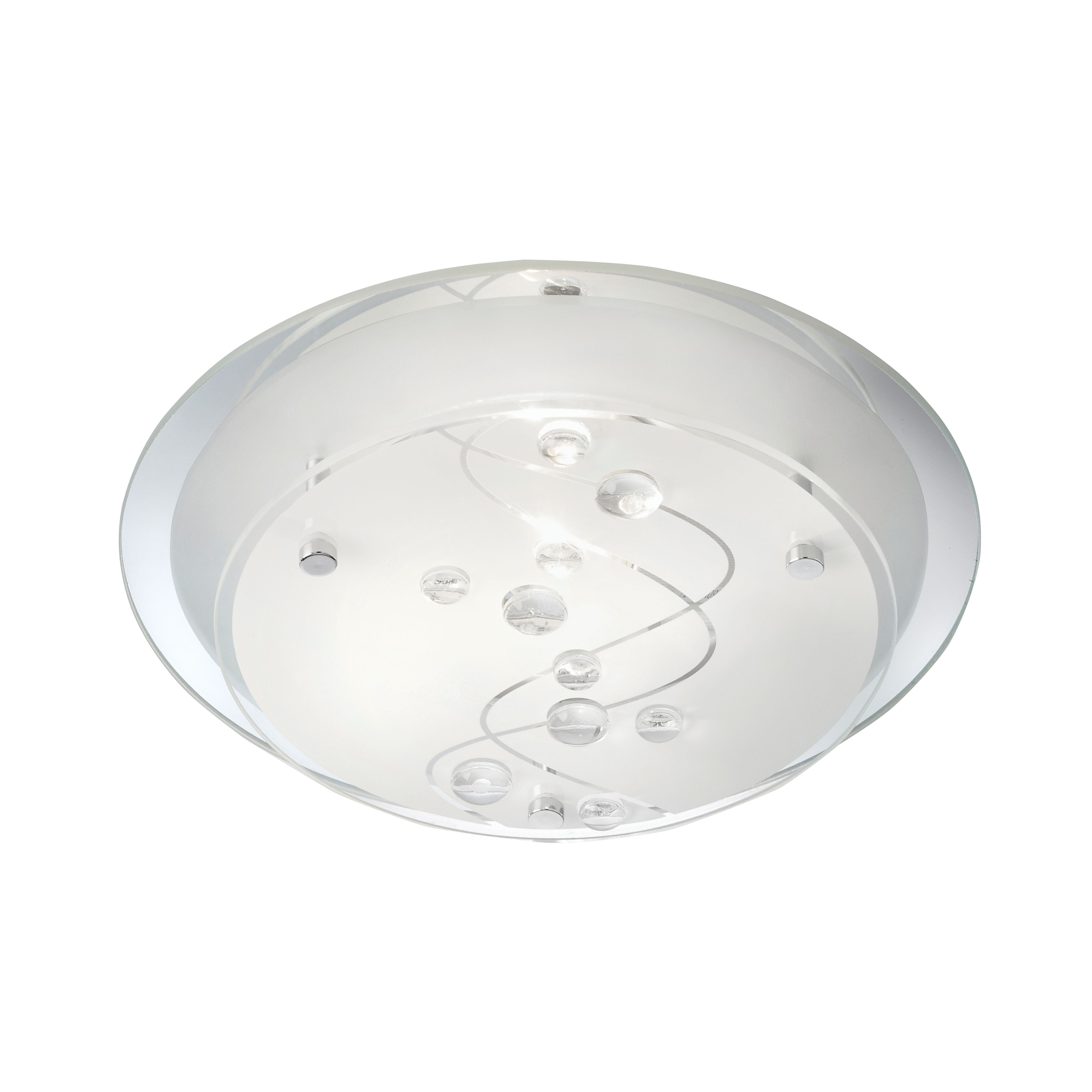 Searchlight Cove flush ceiling light in chrome with glass beads, alternate studio view of the bevelled glass disc and inset glass bead detail