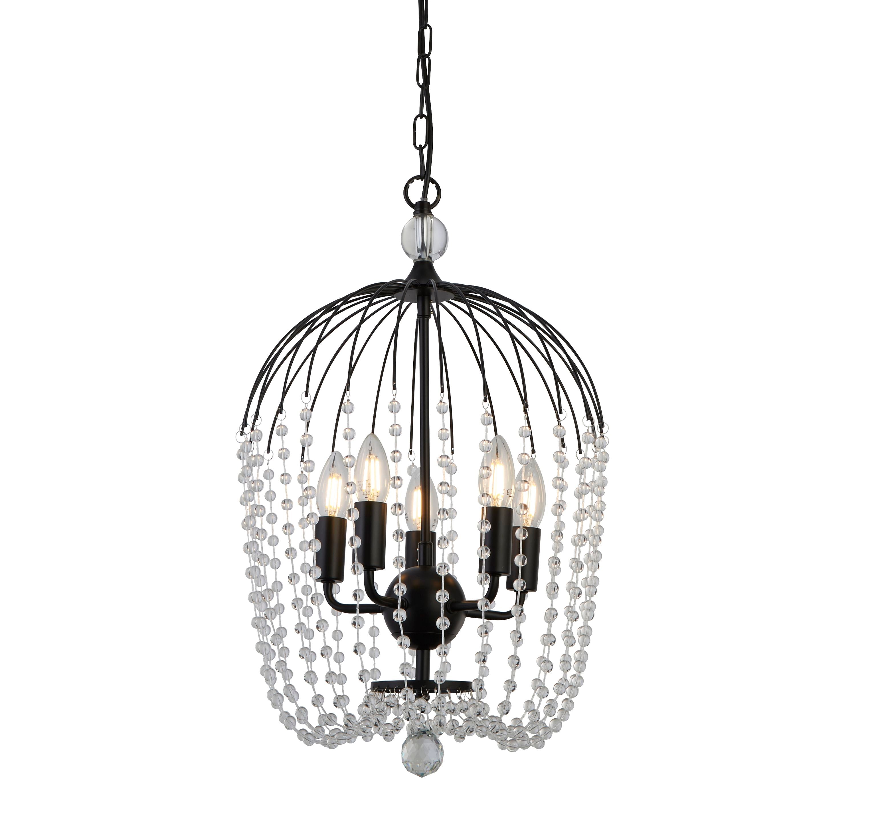 Searchlight Shower 5 light pendant in matt black with clear crystal strands and five lit candle bulbs
