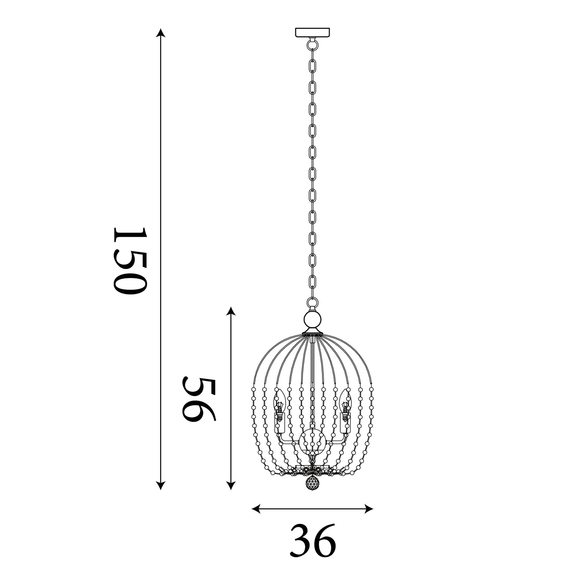 Dimension diagram of the Shower 5 light pendant, 36cm wide and 56cm cage height on a 150cm chain drop