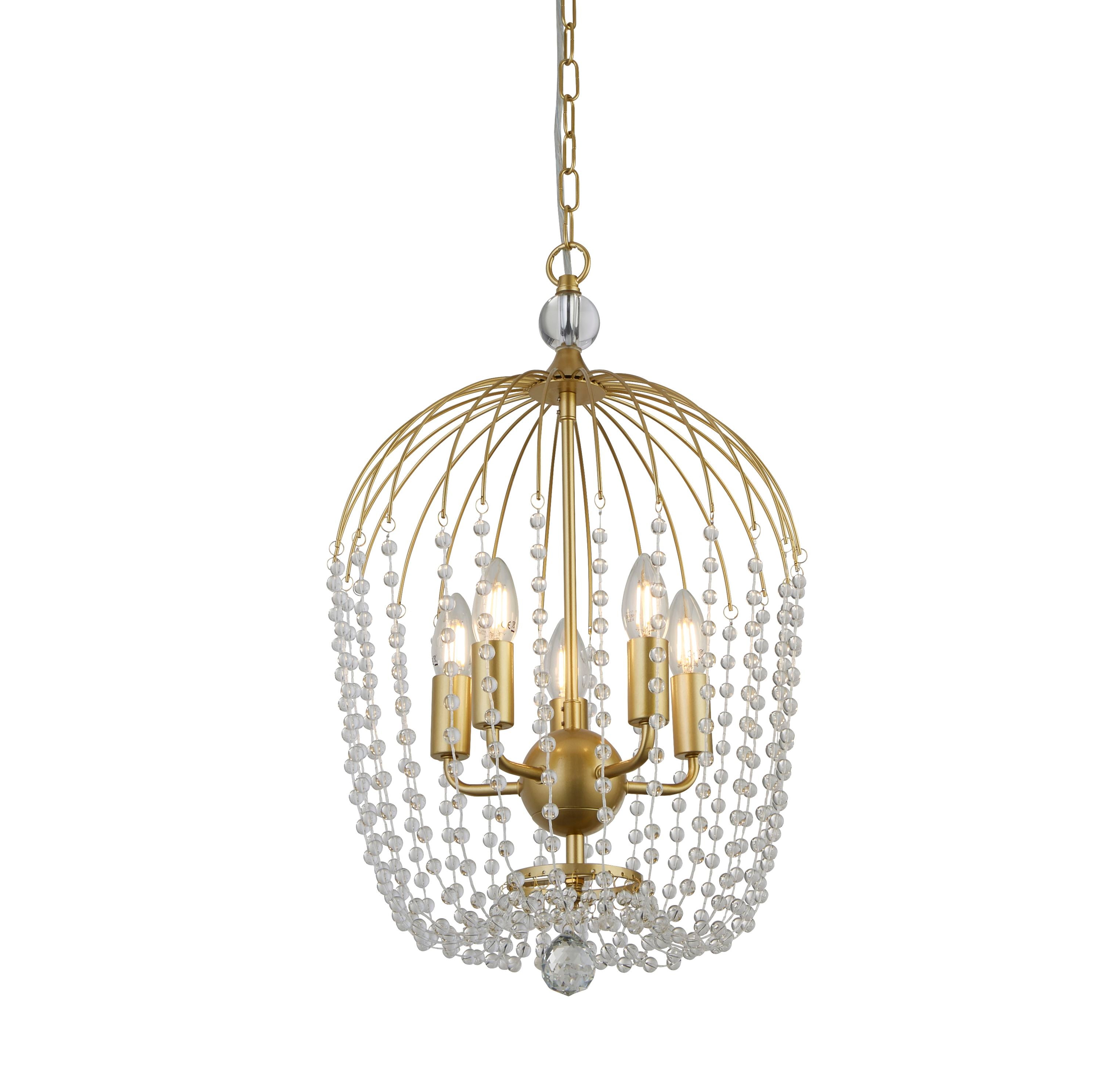 Searchlight Shower 5 light pendant in gold with clear crystal beading, angled studio shot with bulbs lit