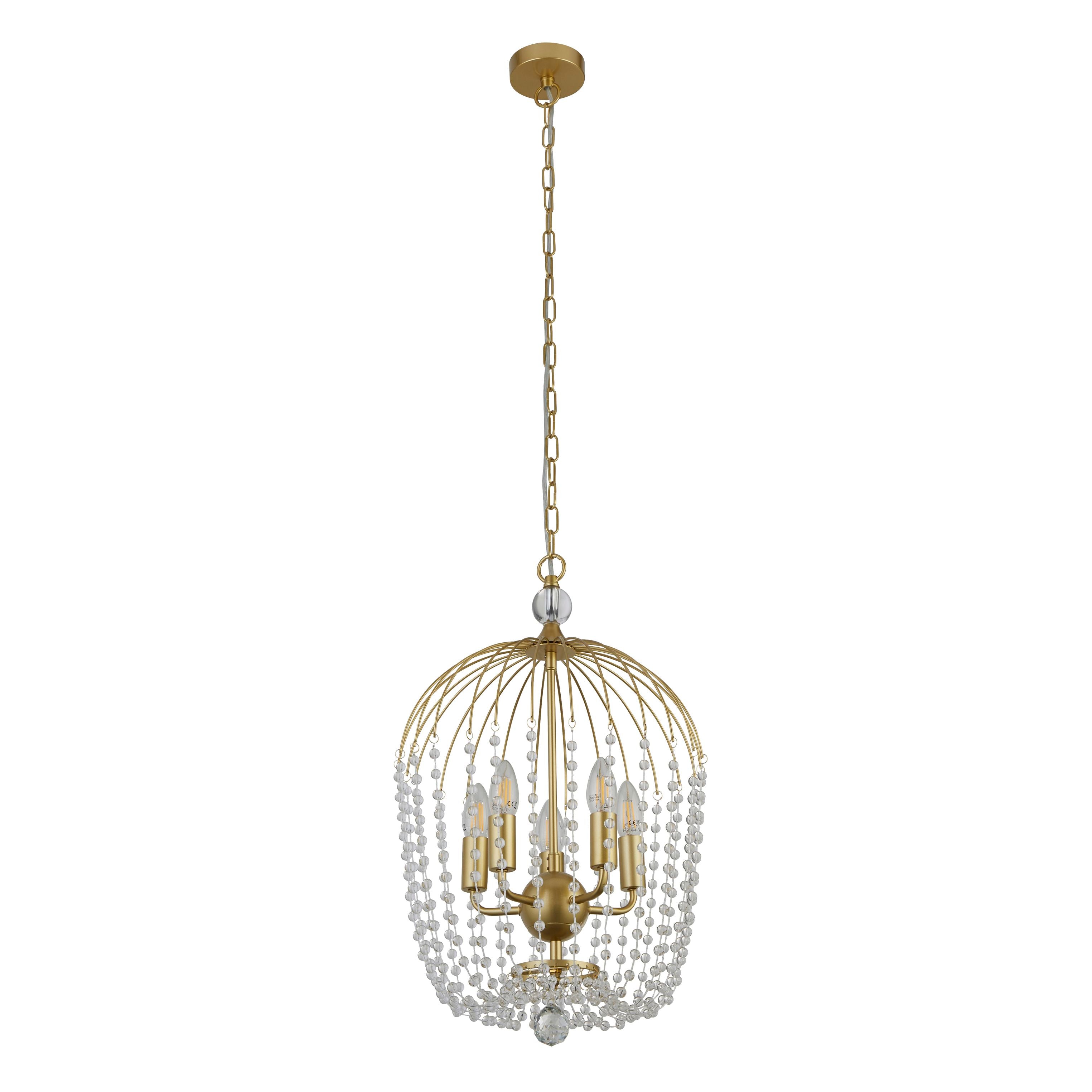 Searchlight Shower 5 light pendant in gold with clear crystal beading, straight on studio shot showing the full chain drop