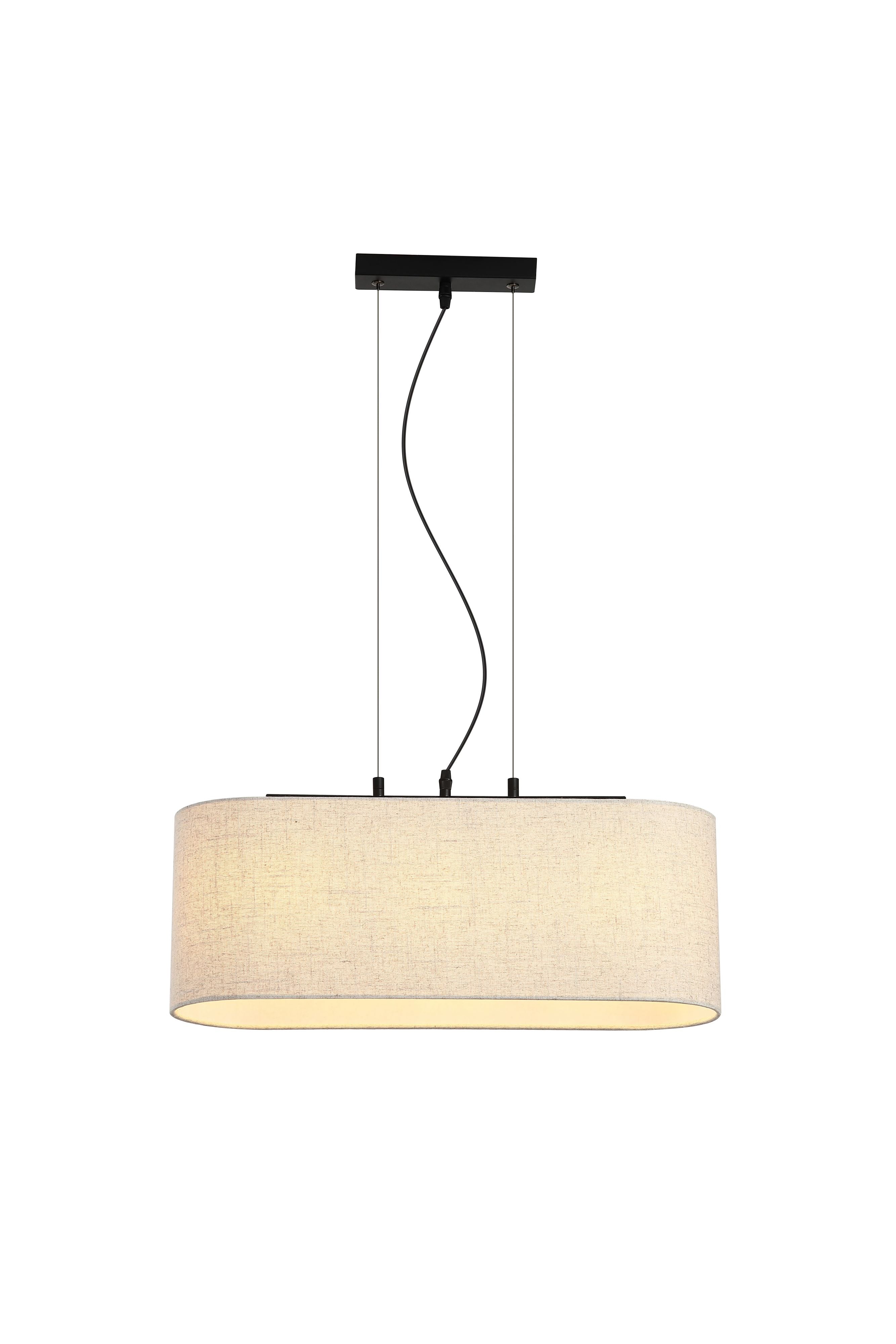Searchlight Hessian 3 light pendant with a long oval natural linen shade suspended from a black rectangular ceiling plate on three cables, lit against a white background
