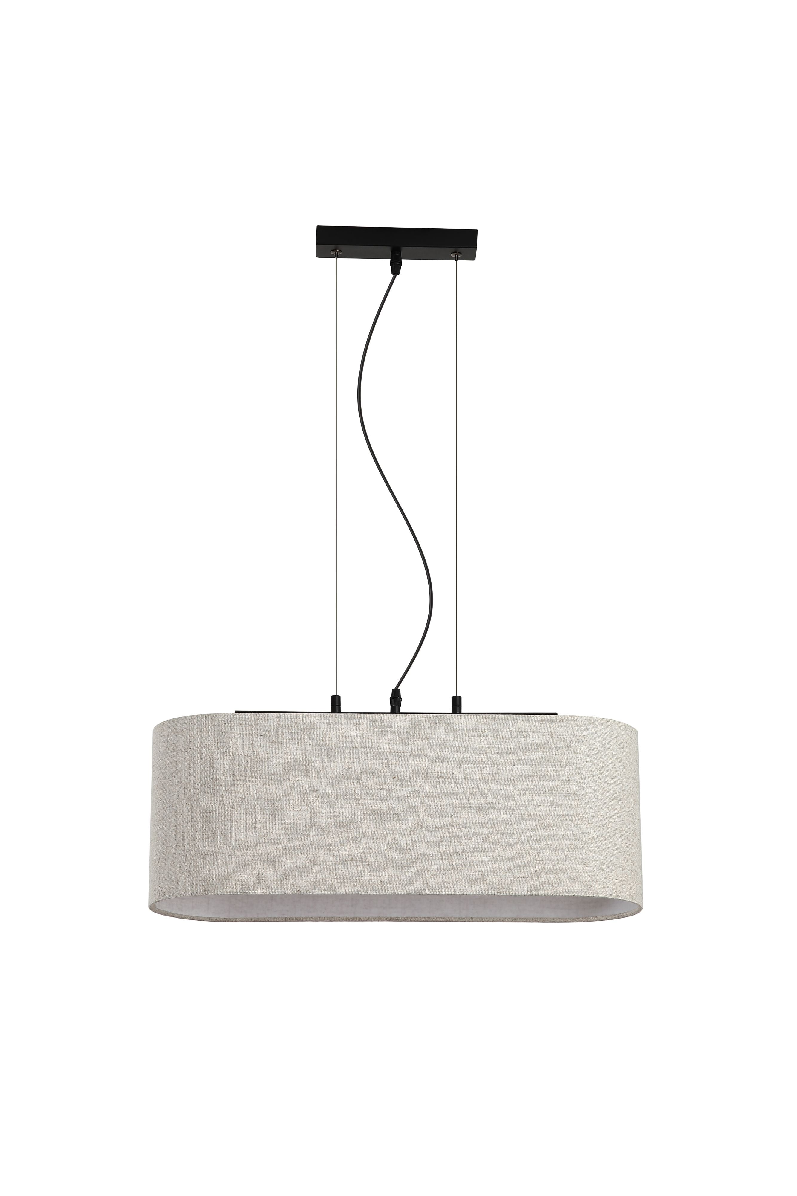 Searchlight Hessian 3 light pendant viewed from a slight angle, showing the long linen drum shade and the three suspension cables