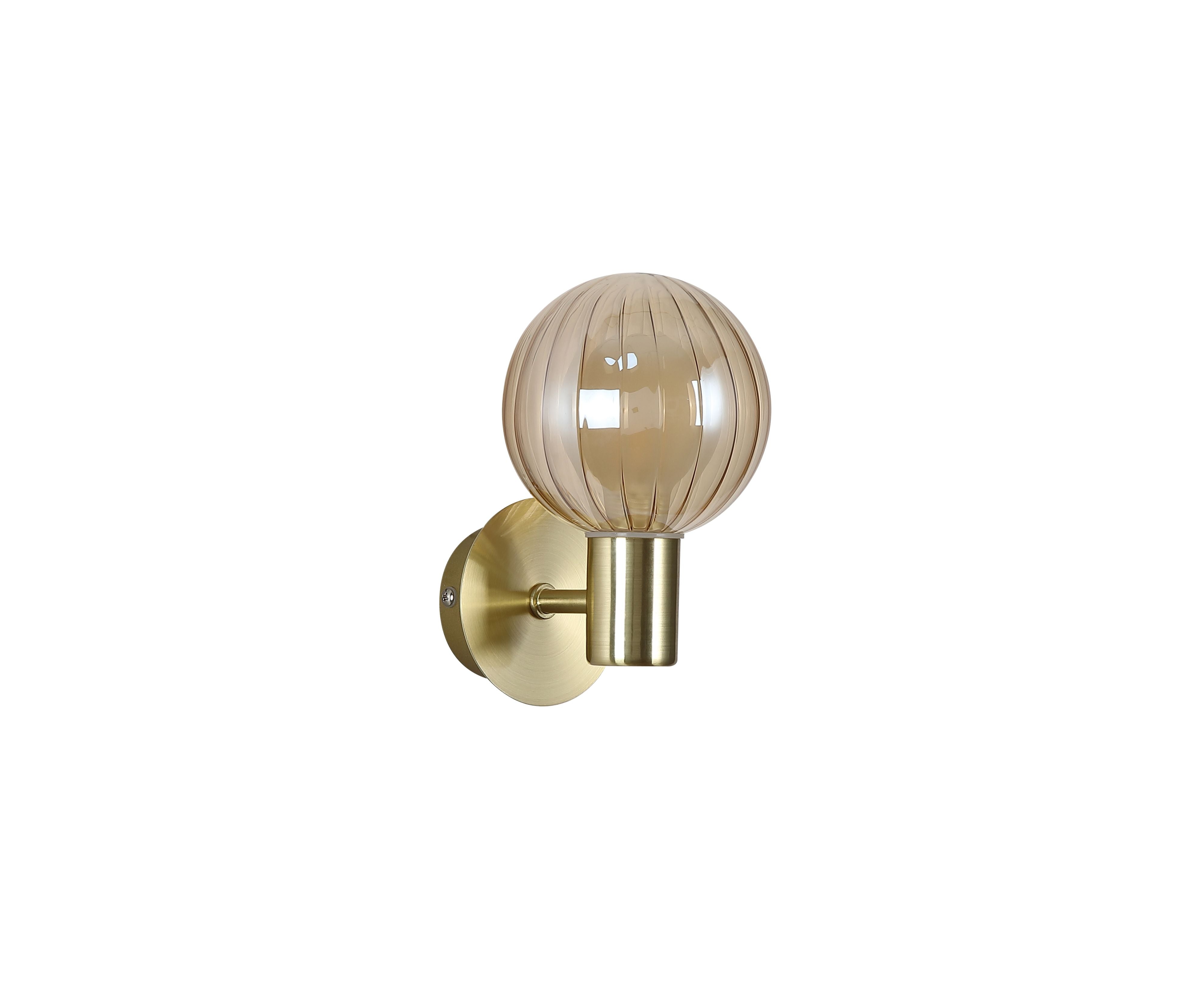 Searchlight Luminsphere 1 Light Wall Light in brushed brass with a ribbed champagne glass globe shade, lit, front facing studio shot