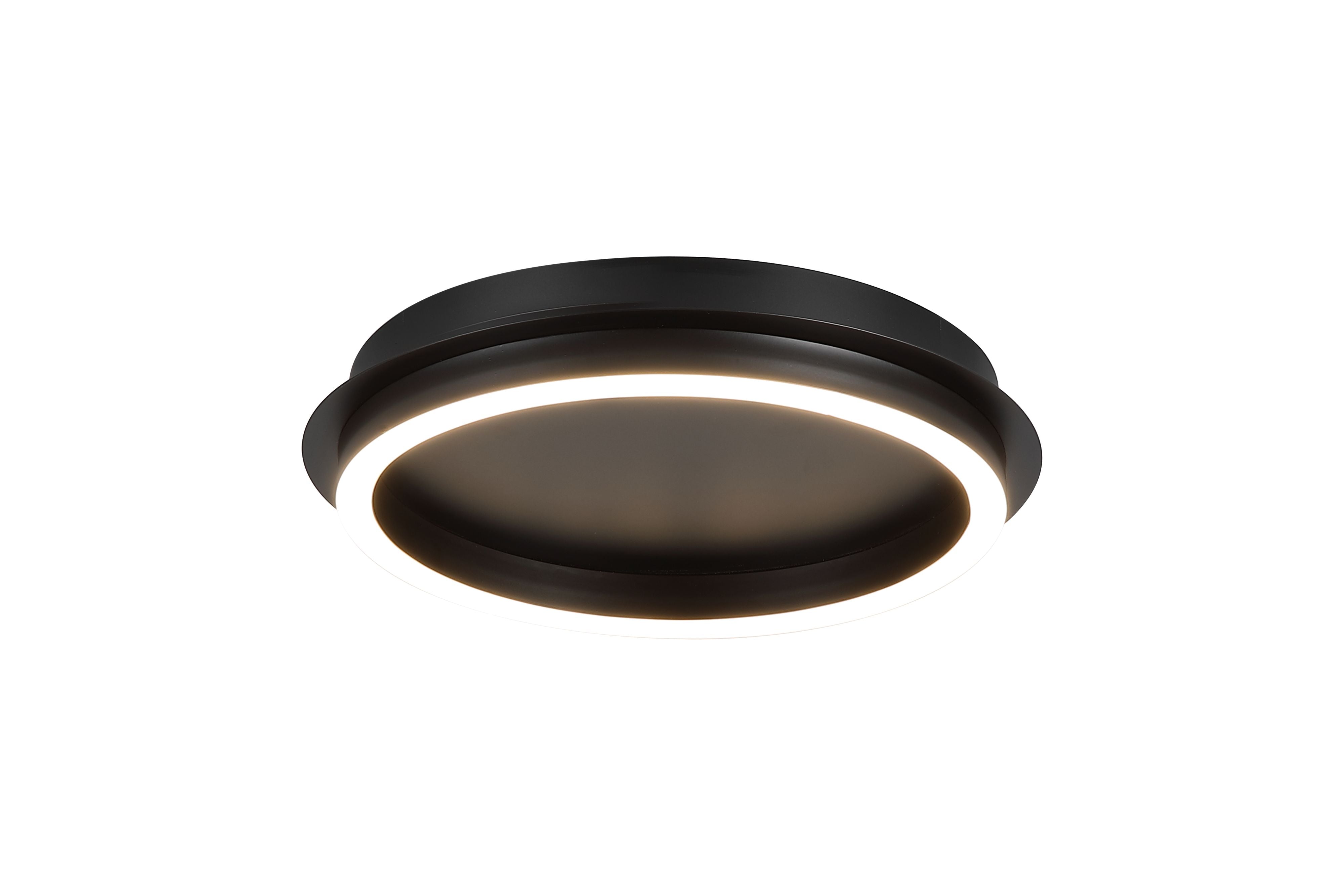 Searchlight Stellar LED ceiling lamp in black with acrylic, angled studio shot showing the ultra slim profile and lit acrylic diffuser ring