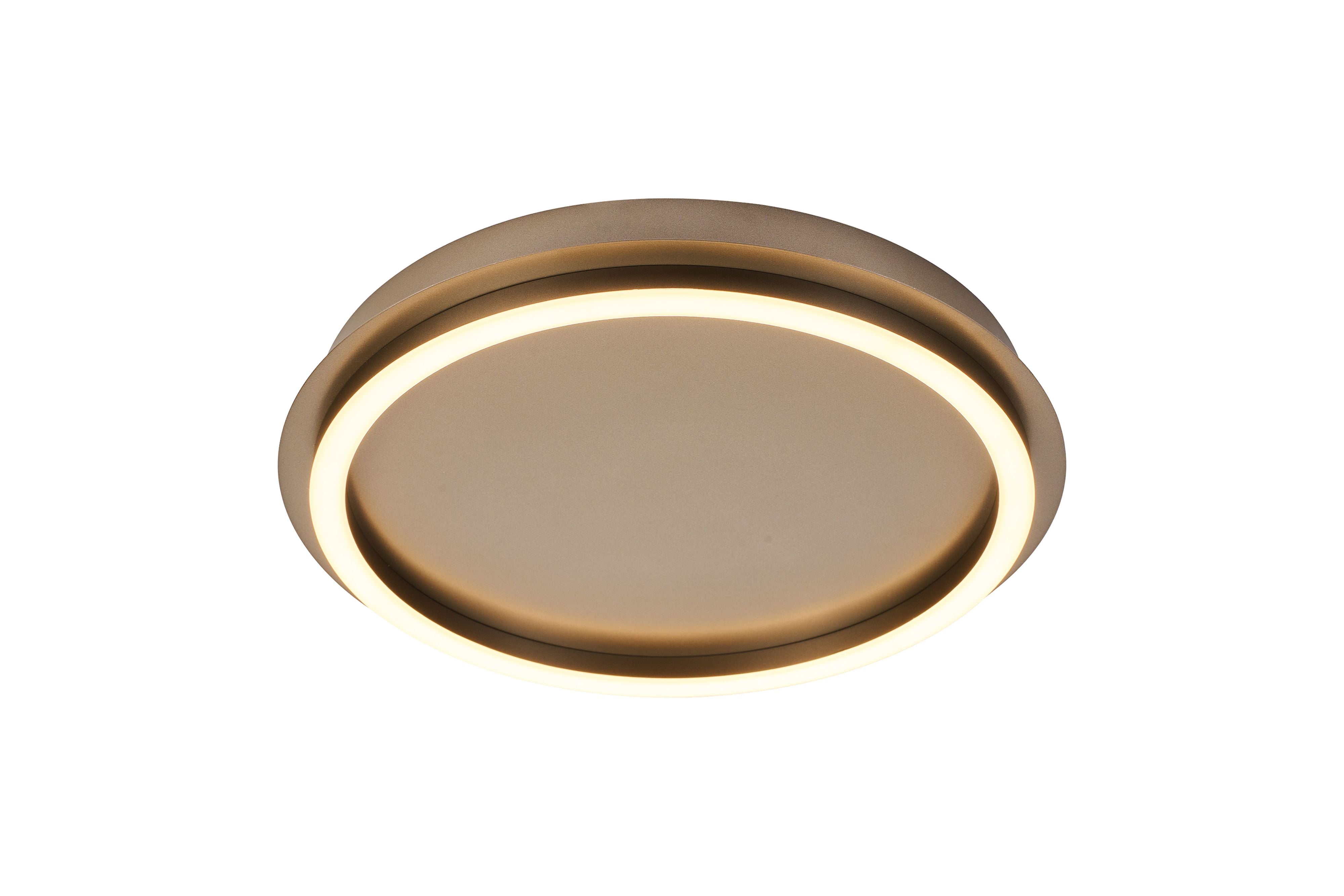 Searchlight Stellar LED ceiling lamp in latte metal with acrylic, angled studio shot showing the ultra slim profile and lit acrylic diffuser ring
