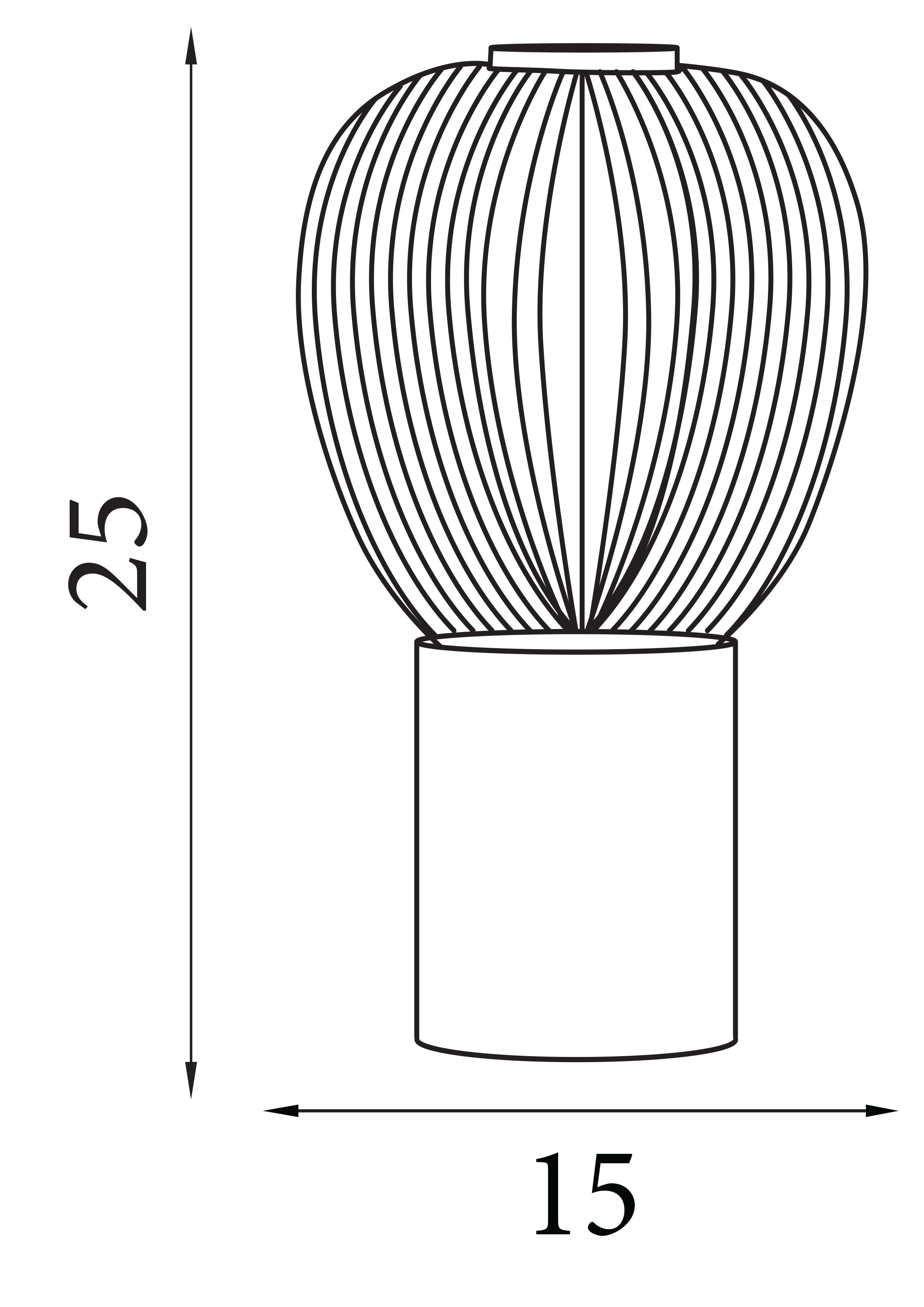 Line drawing of the Searchlight Ella table lamp showing dimensions of 25cm height and 15cm width