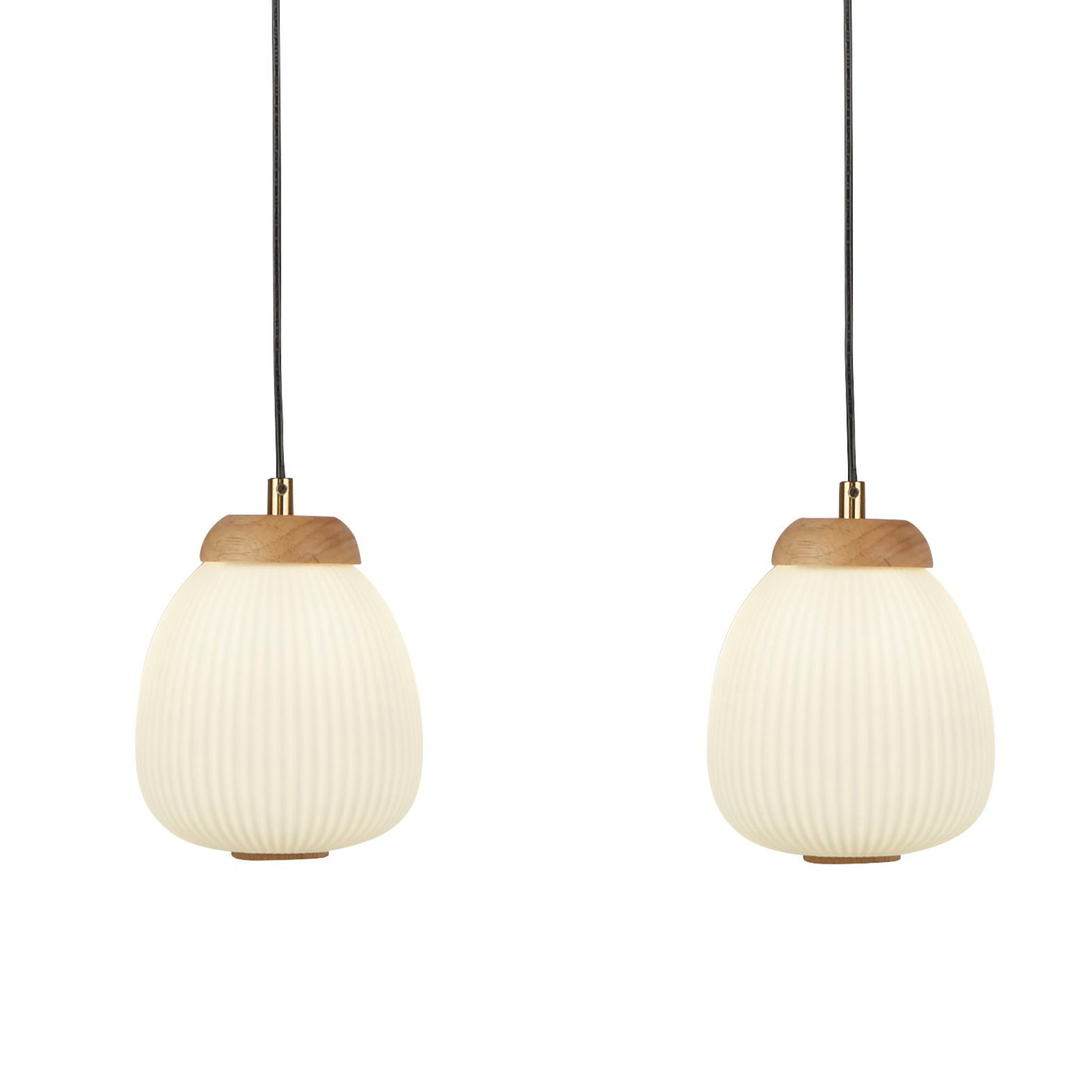 Close up of two Searchlight Ella pendant heads showing the wood cap, brass detail and ribbed glass shade