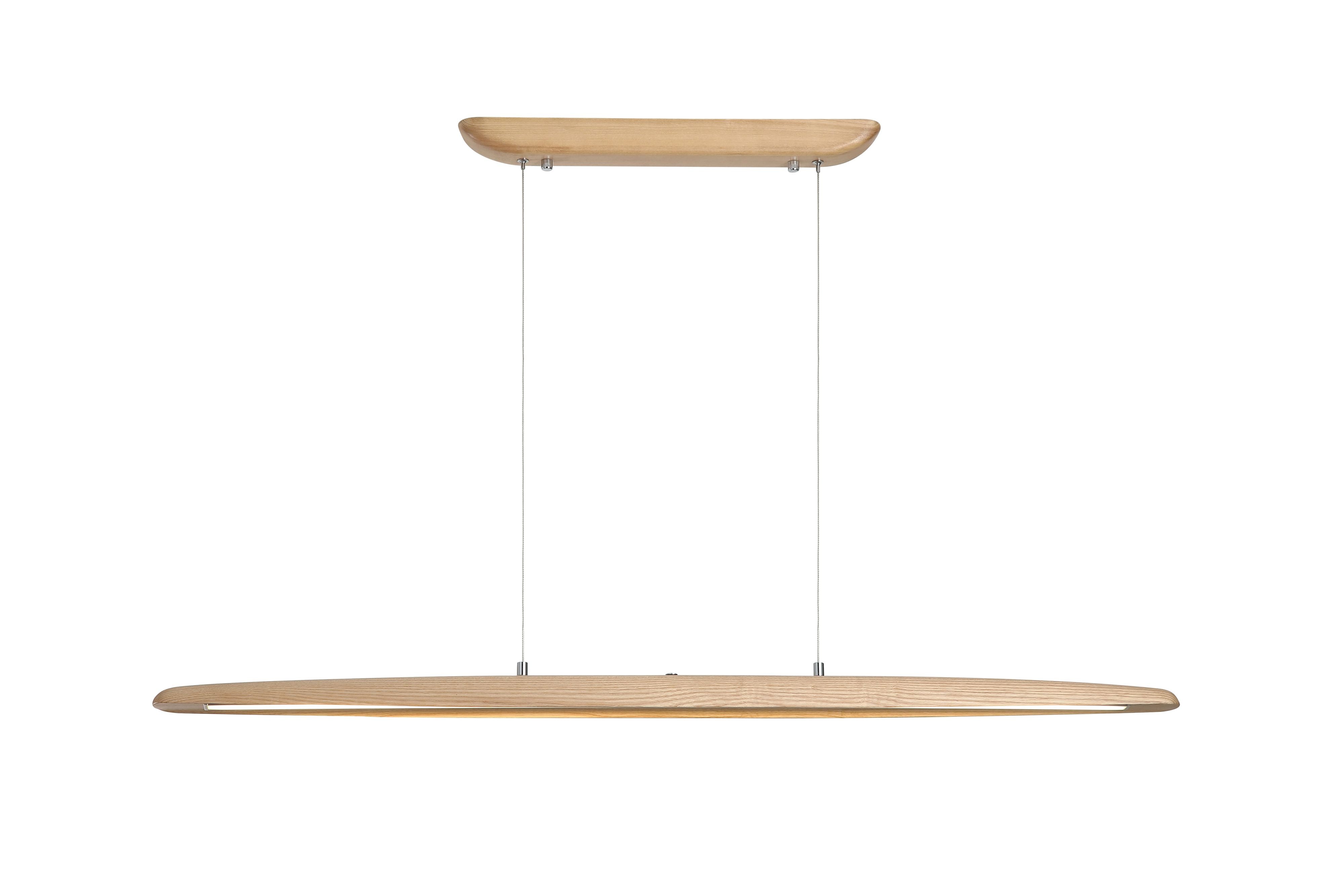 Searchlight Kenzie LED pendant in ash wood, front view of the long oval shaped bar suspended on two thin cables from a matching wood canopy