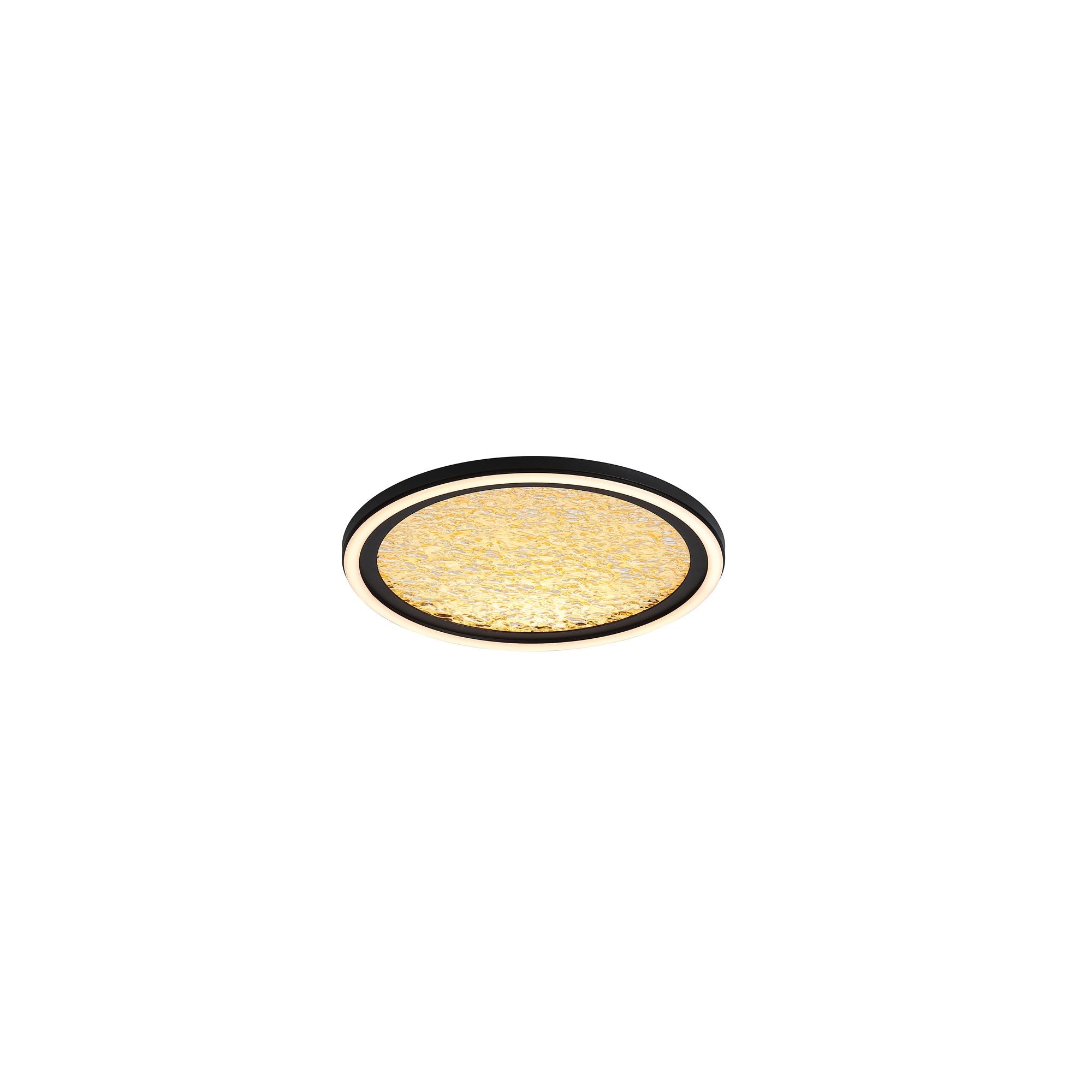Searchlight Luna LED flush ceiling light in sand black with a textured gold polycarbonate diffuser, angled studio shot with the light on